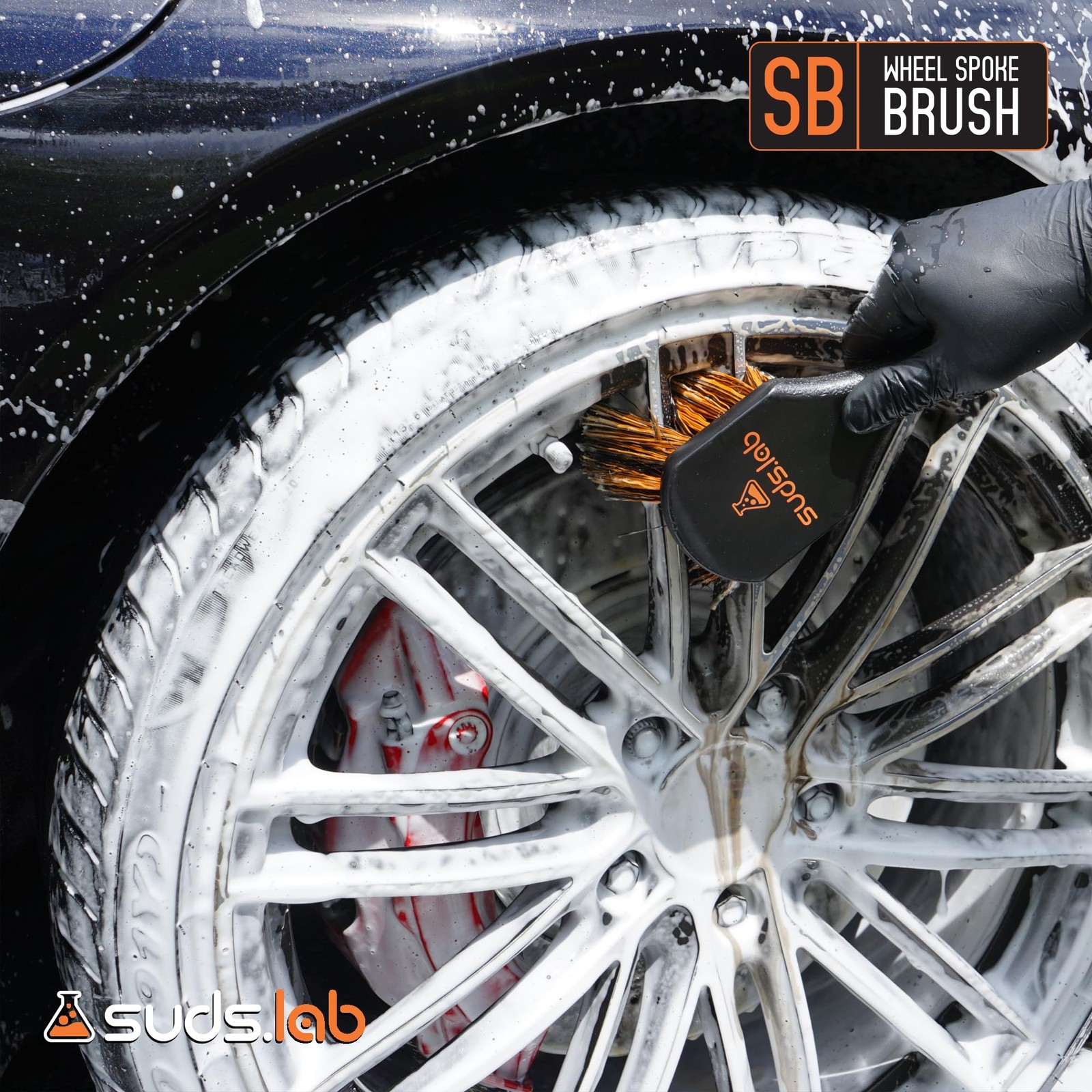 Suds Lab SB Wheel Spoke Tire Brush, Soft Bristle Black and Brown