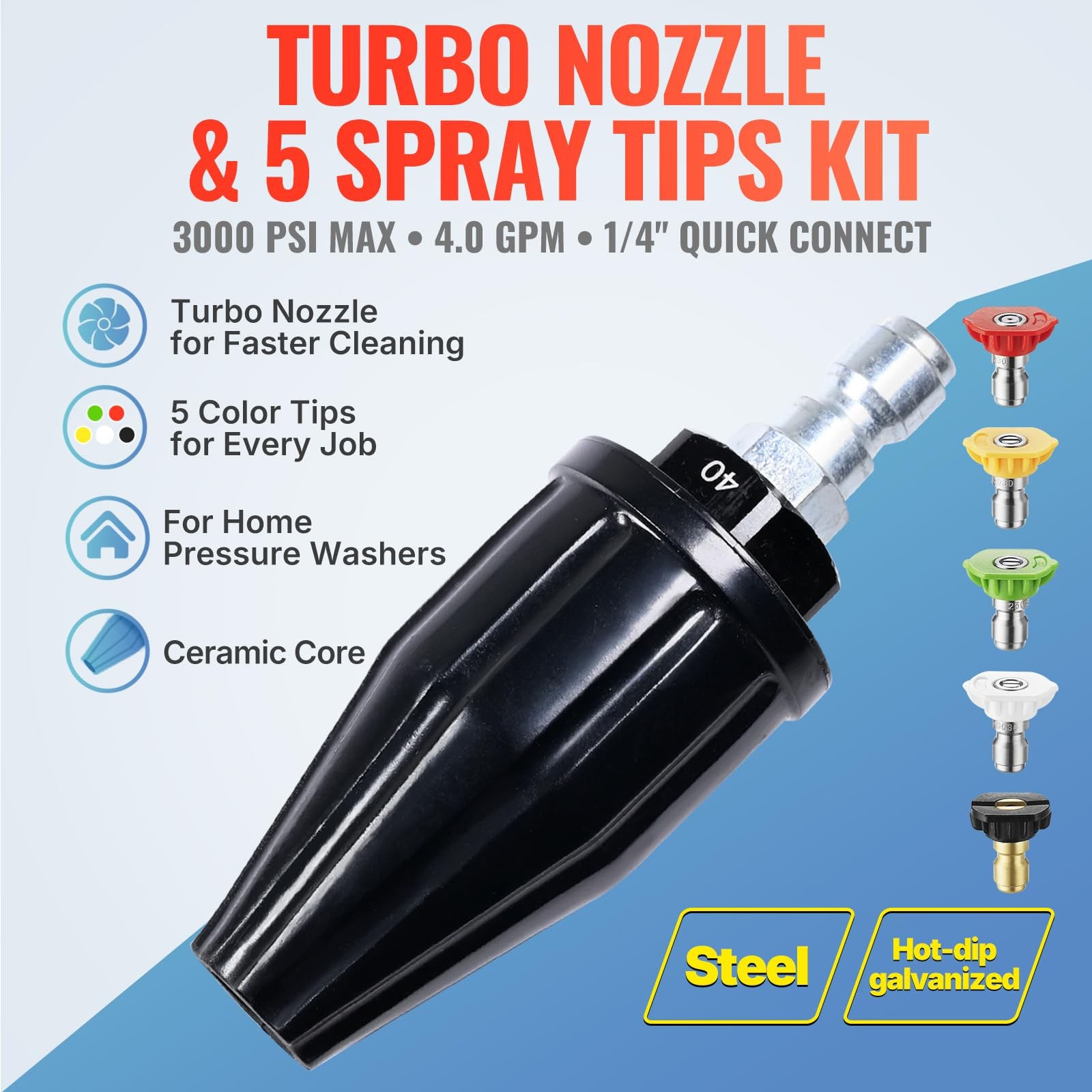 YAMATIC Pressure Washer Turbo Nozzle Tips, 360° Rotating Turbo with 5 Spray N…