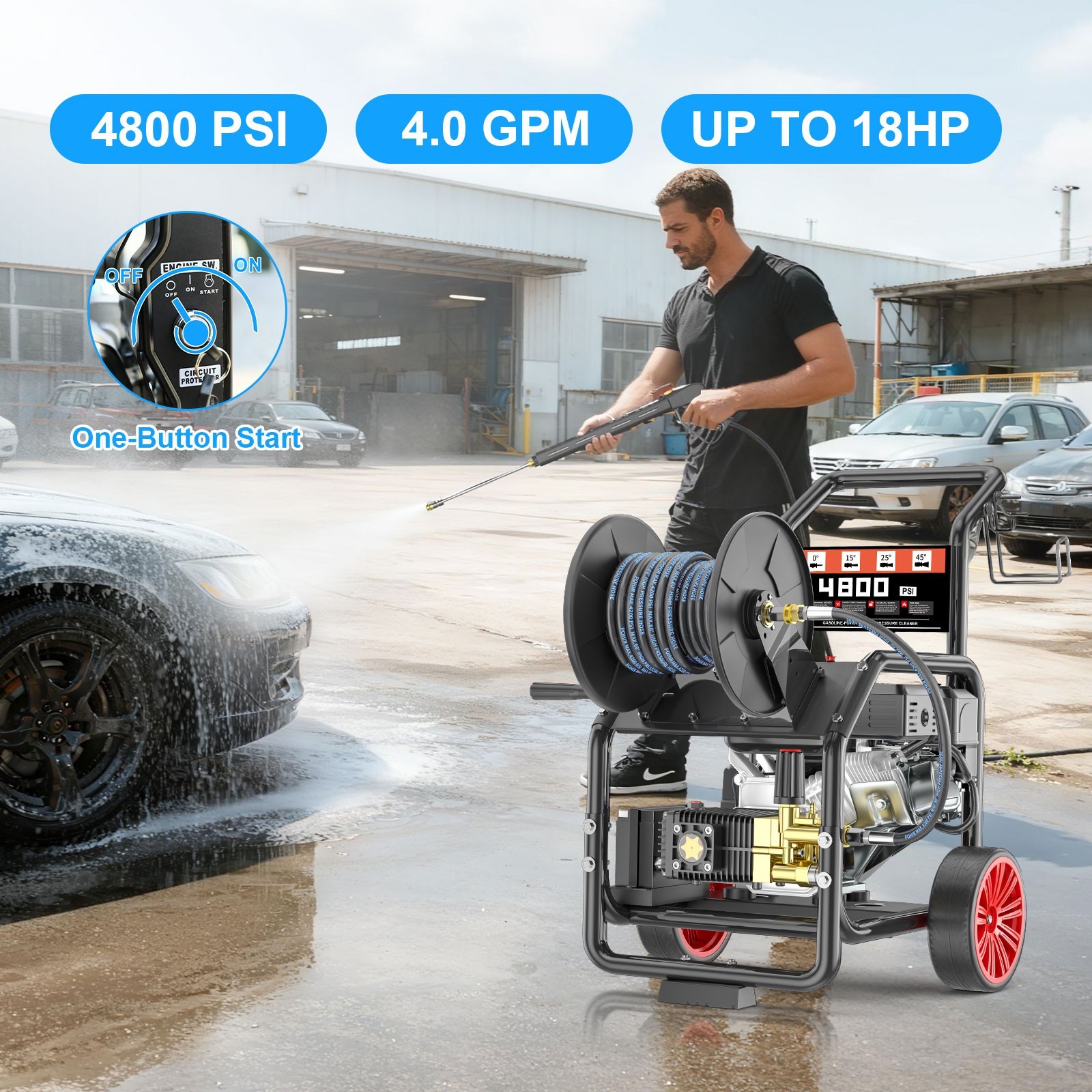 POHIR 4800 PSI Gas Pressure Washer One-Button Start 4.0 GPM 500cc 18HP 50FT Hose