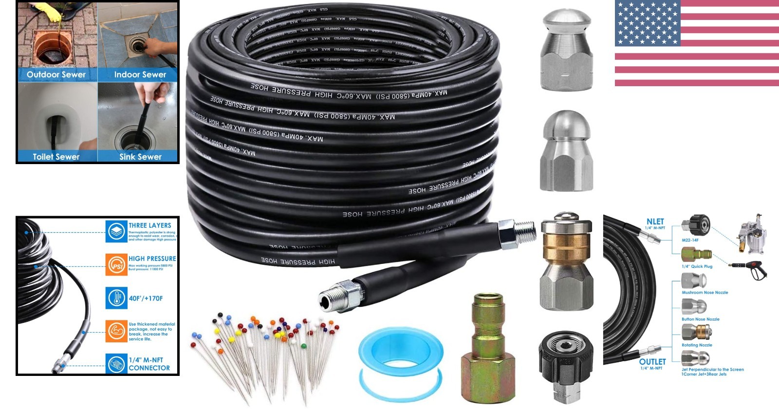 Complete 50FT Sewer Cleaning Kit with Multi-Functional Nozzles – 5800 PSI
