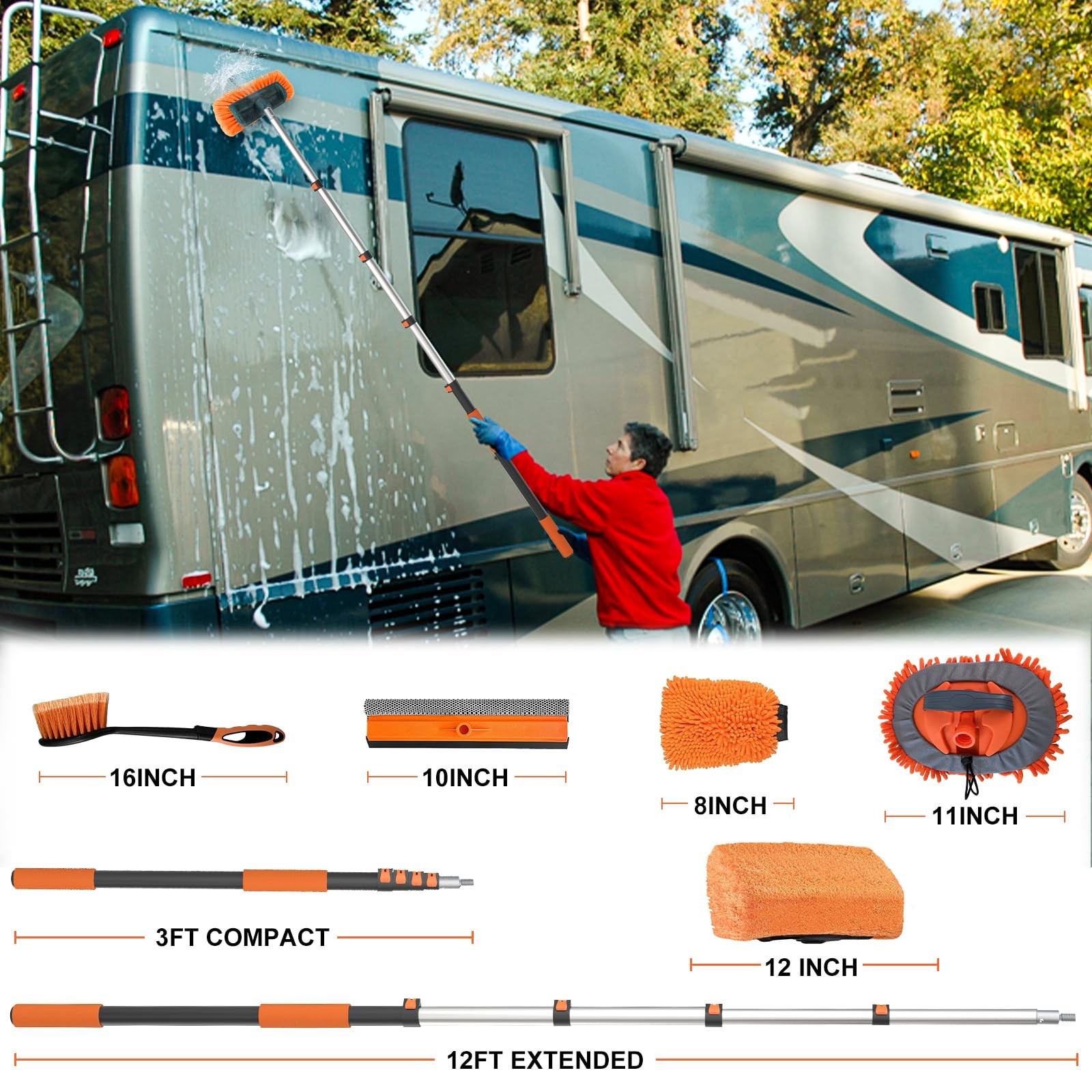 Buyplus 18FT Reach Car Wash Brush with Long Handle – 12FT, Orange