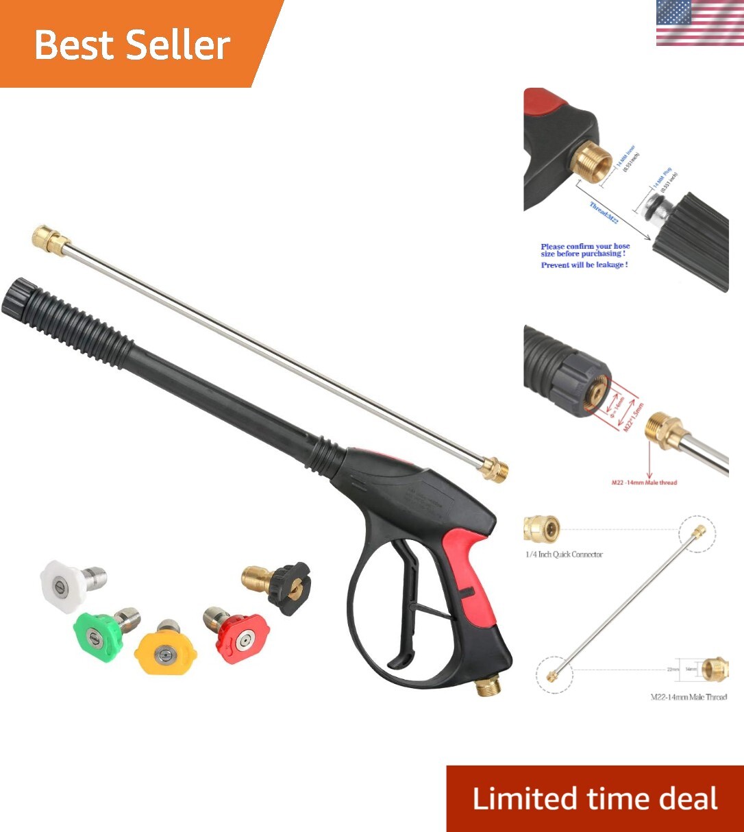 4000 PSI Pressure Washer Gun with 19″ Extension Wand and 5 Quick Connect Nozzles