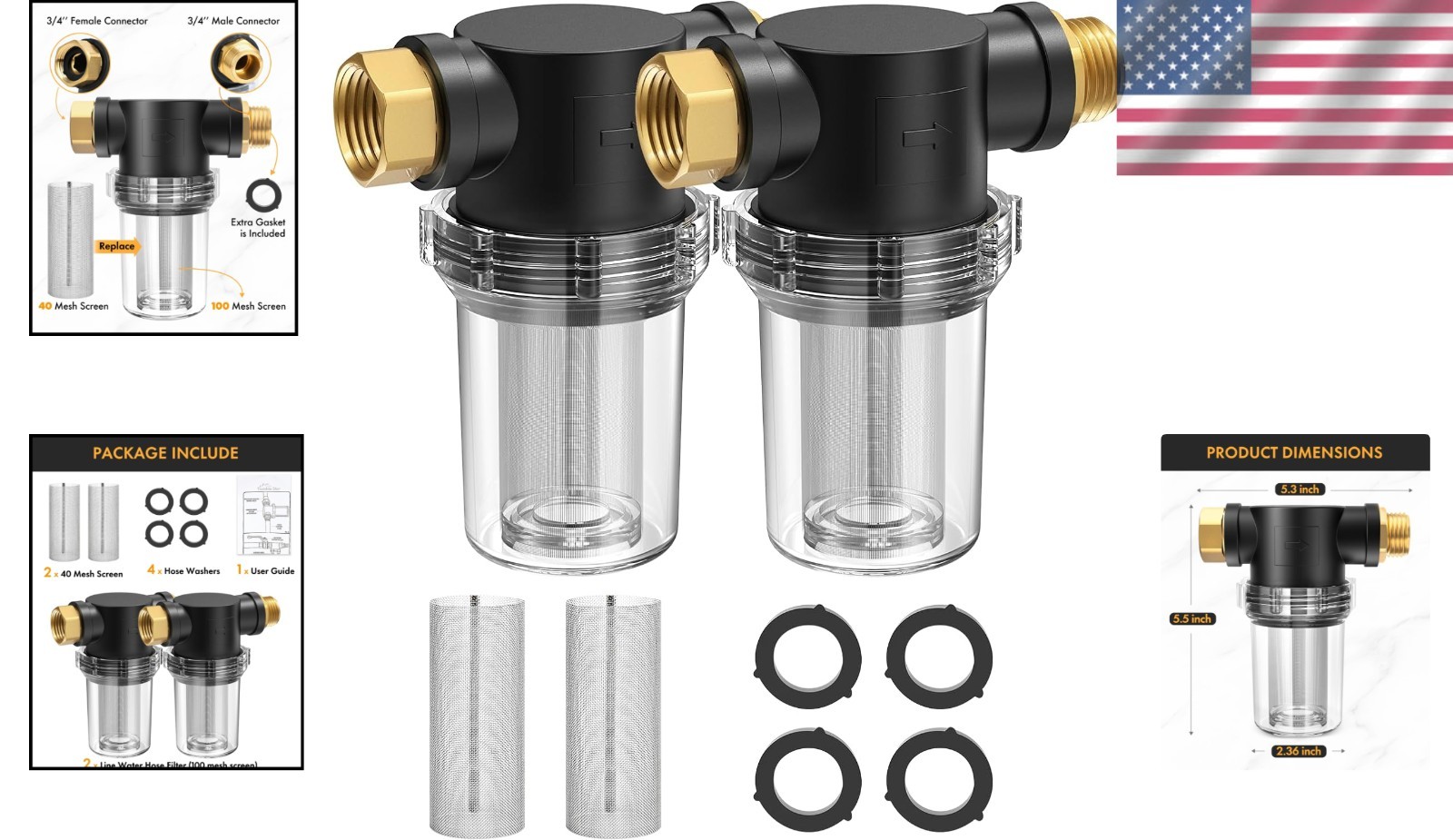 Compact Inline Hose Filter Set for Clean Water: 100 & 40 Mesh Screens Included