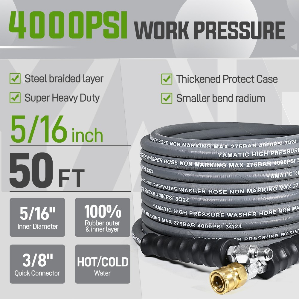 YAMATIC 5/16″ Pressure Washer Hose 50/100FT with Swivel Quick Connect, 4000 PSI