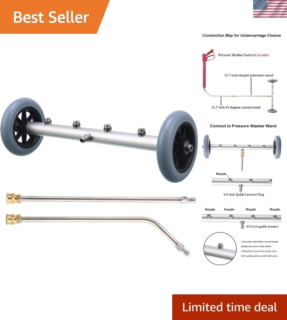 Multifunctional 16 Inch Undercarriage Cleaner with Straight & Curved Wands