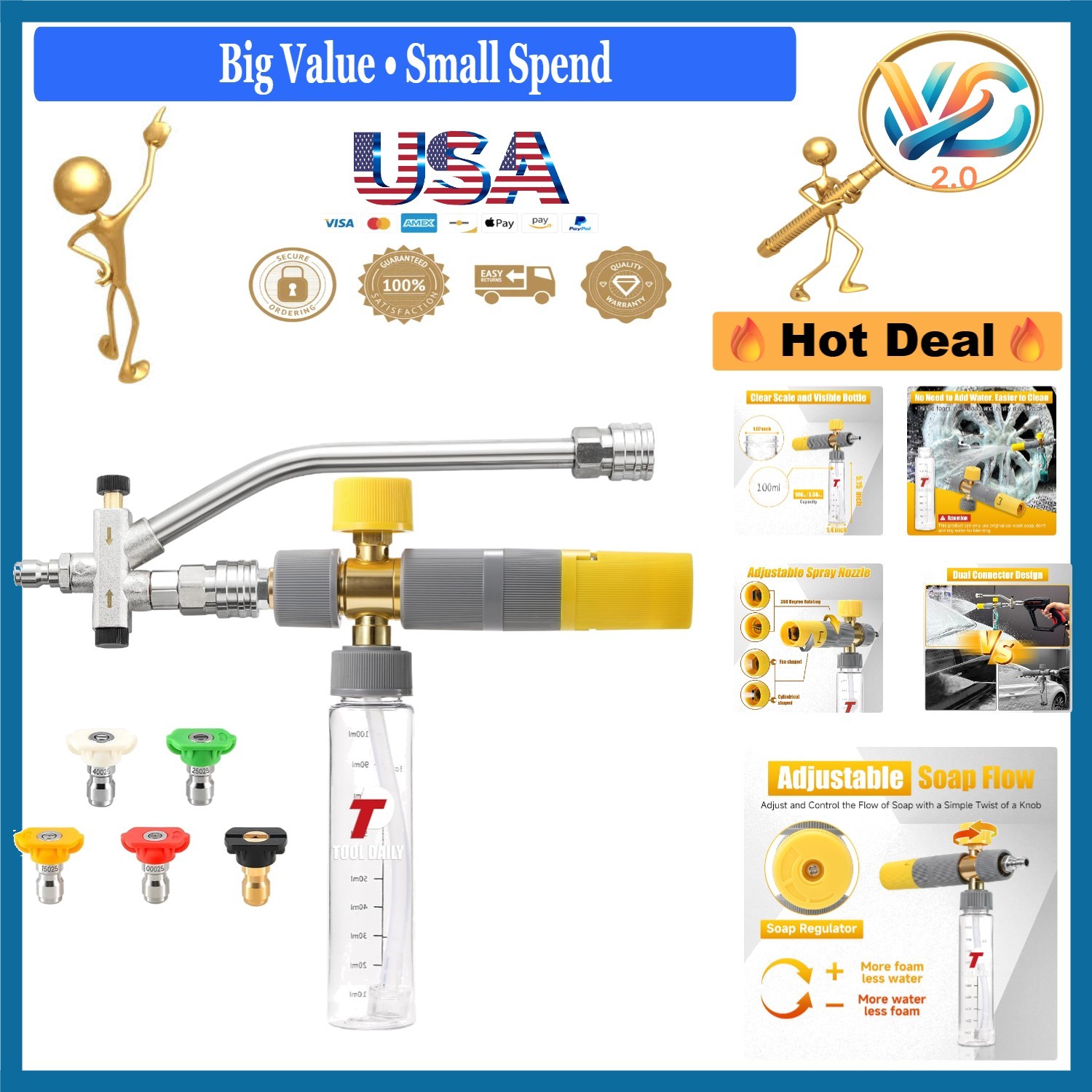 Dual Connector Foam Cannon for Pressure Washer 100ml No-Dilution Grey