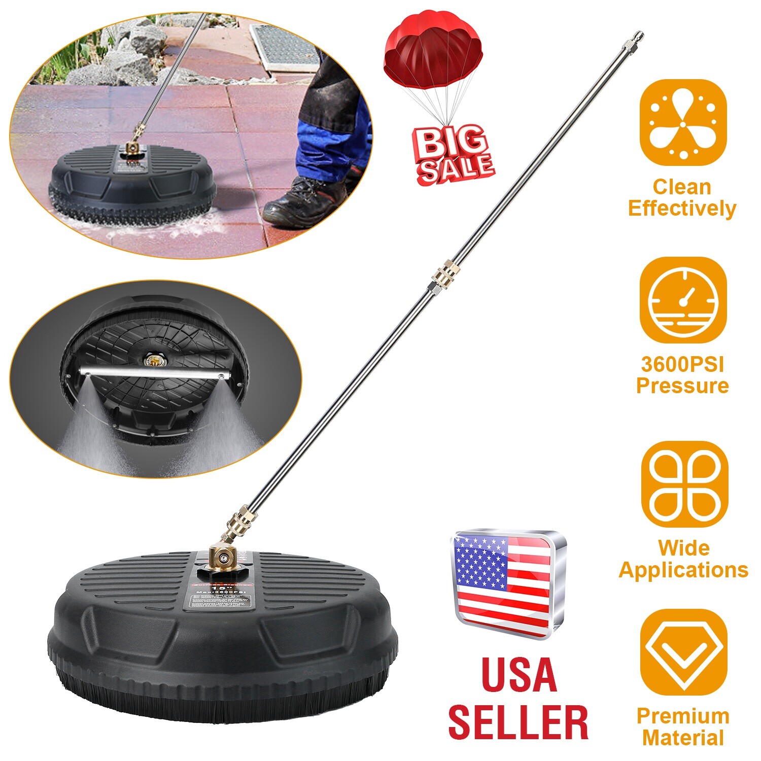 15″ Pressure Flat Washer Surface Cleaner+2 Extension Wand 1/4″ Connector 3600PSI