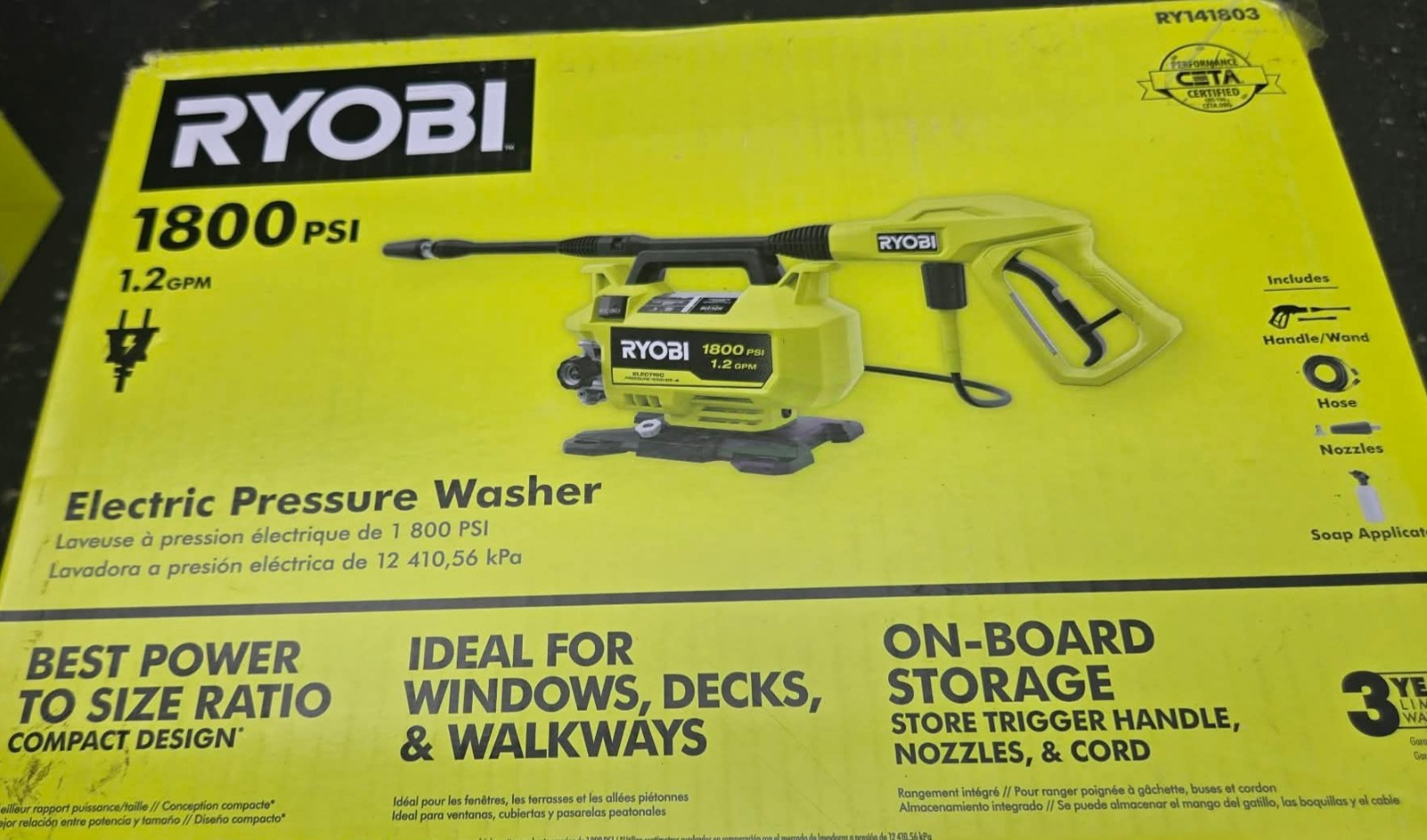 RYOBI RY141803 1800 PSI 1.2 GPM Electric Pressure Washer NEW