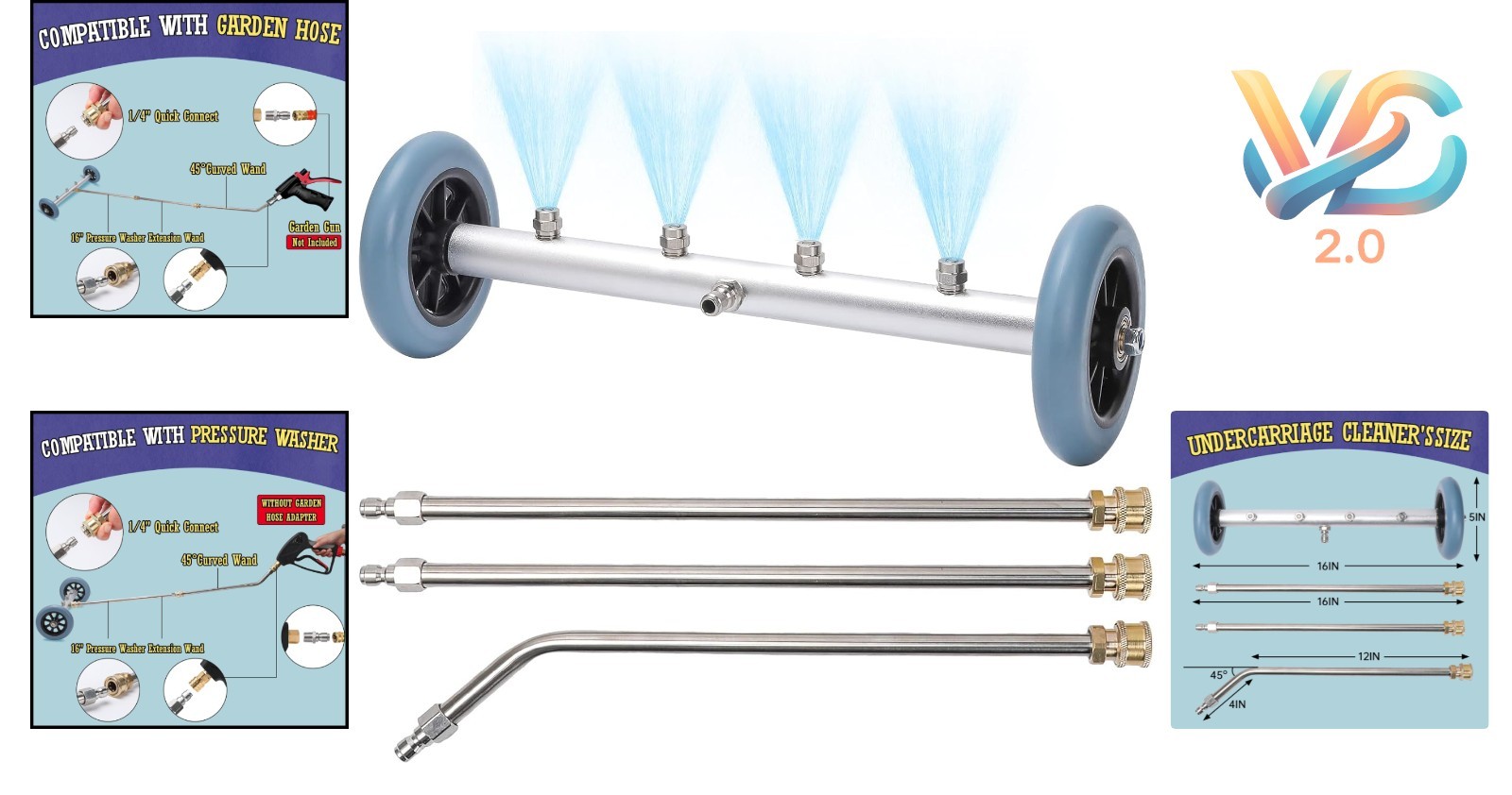 16 Inch Pressure Washer Undercarriage Cleaner 4000 PSI with 3 Wands