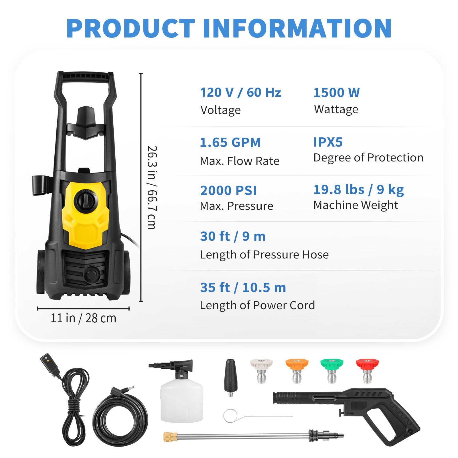 2000 PSI ElectricPower Washer, 1.65GPM w/ 30Ft Hose & Reel, 5Nozzles, FoamCannon