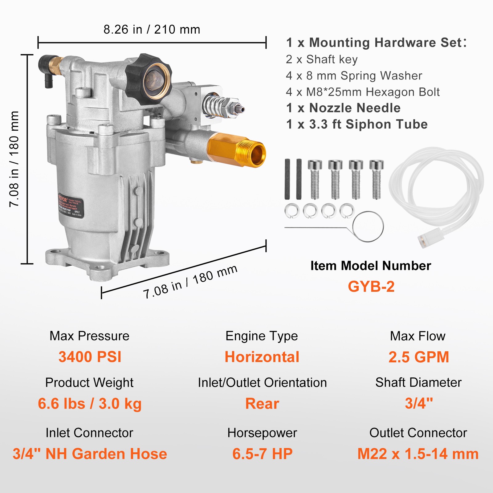 VEVOR Pressure Washer Pump Power Washer Pump 3/4″ Horizontal 3400 PSI 2.5 GPM