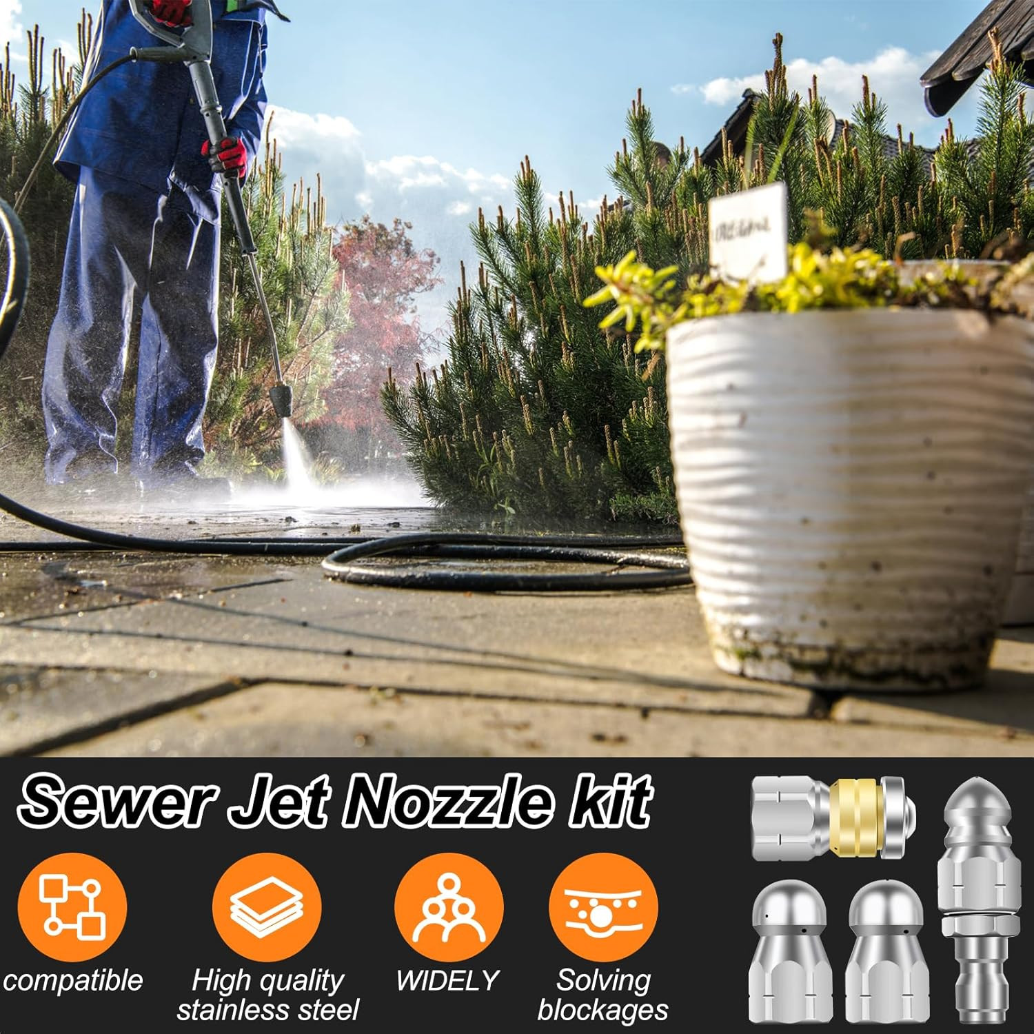 6Pcs Sewer Jetter Nozzle for Pressure Washer, 5000PSI Max Stainless Steel Sewer