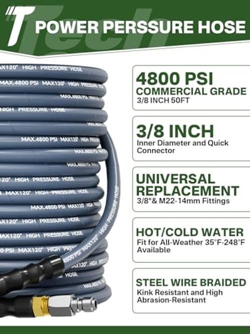 3/8″ 4800PSI Pressure Washer Hose with Swivel Quick Connect for 50FT Blue