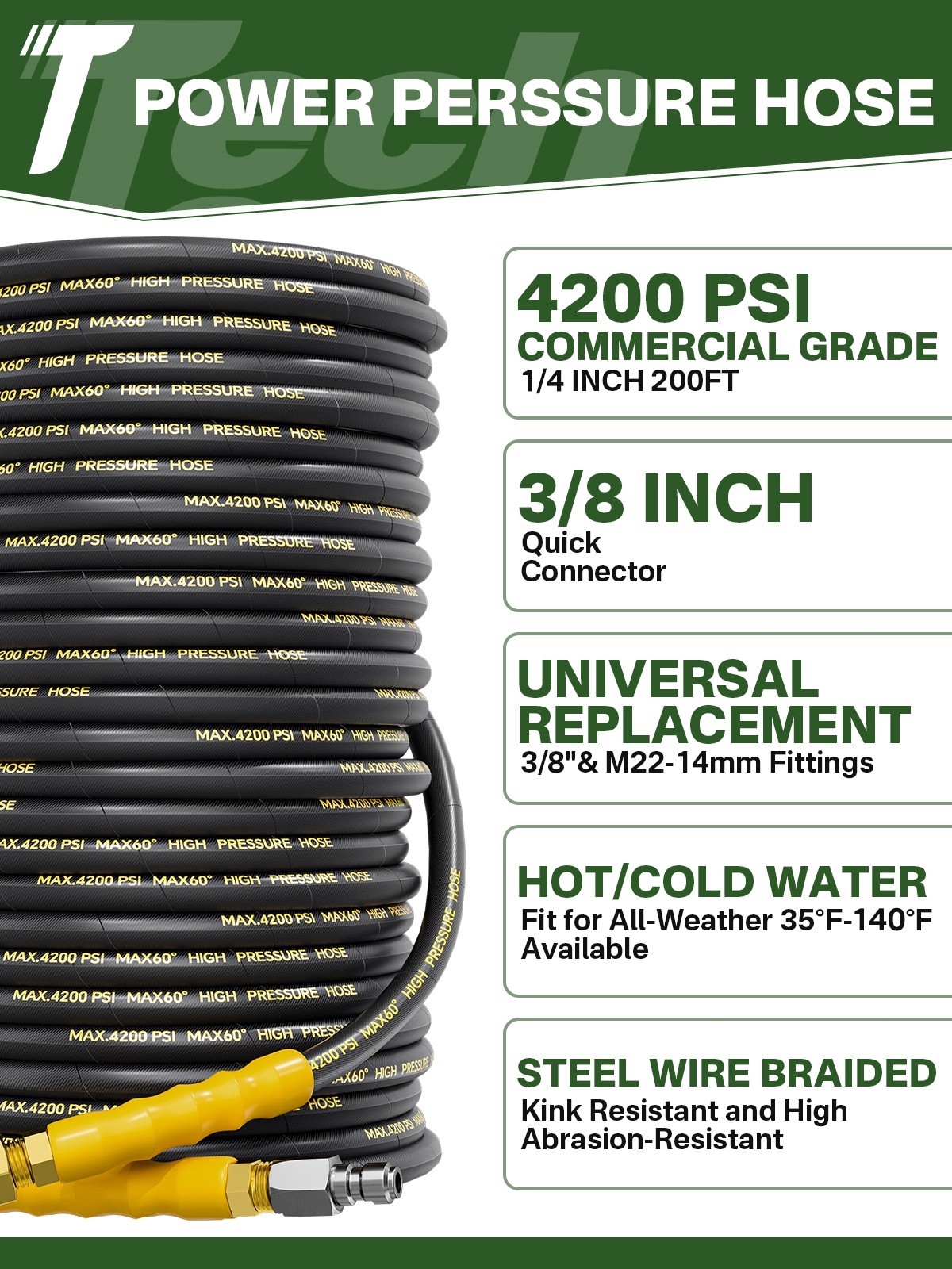 200FT 4200PSI Pressure Washer Hose & 3/8″ Quick Connect 1/4″ Kink Resistant Hose
