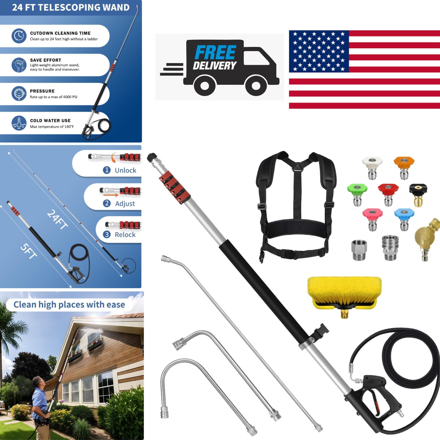 24FT High Pressure Washer Wand Kit with 7 Nozzles and Pivoting Coupler