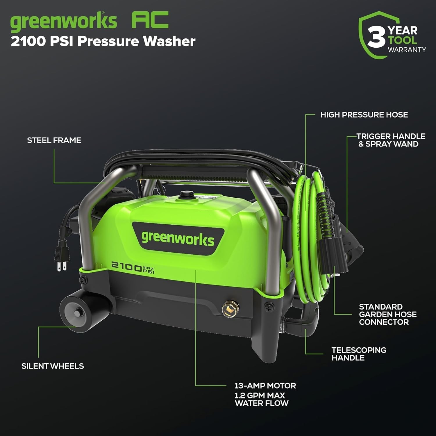 High-Performance 2100 PSI Corded Pressure Washer with 25-Foot Hose & Accessories