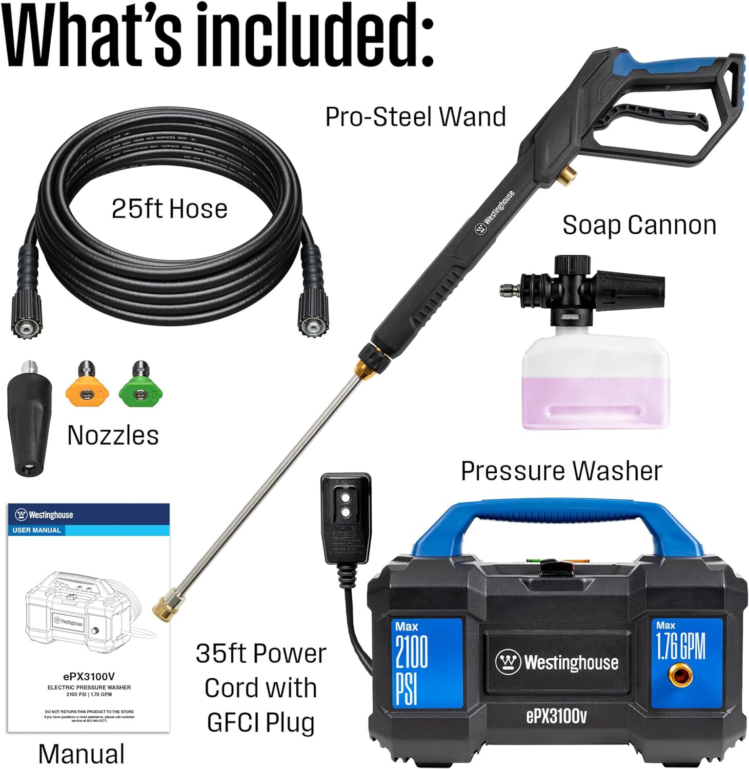 Westinghouse ePX3100v Electric Pressure Washer, 2100 Max PSI 4-Nozzle Set