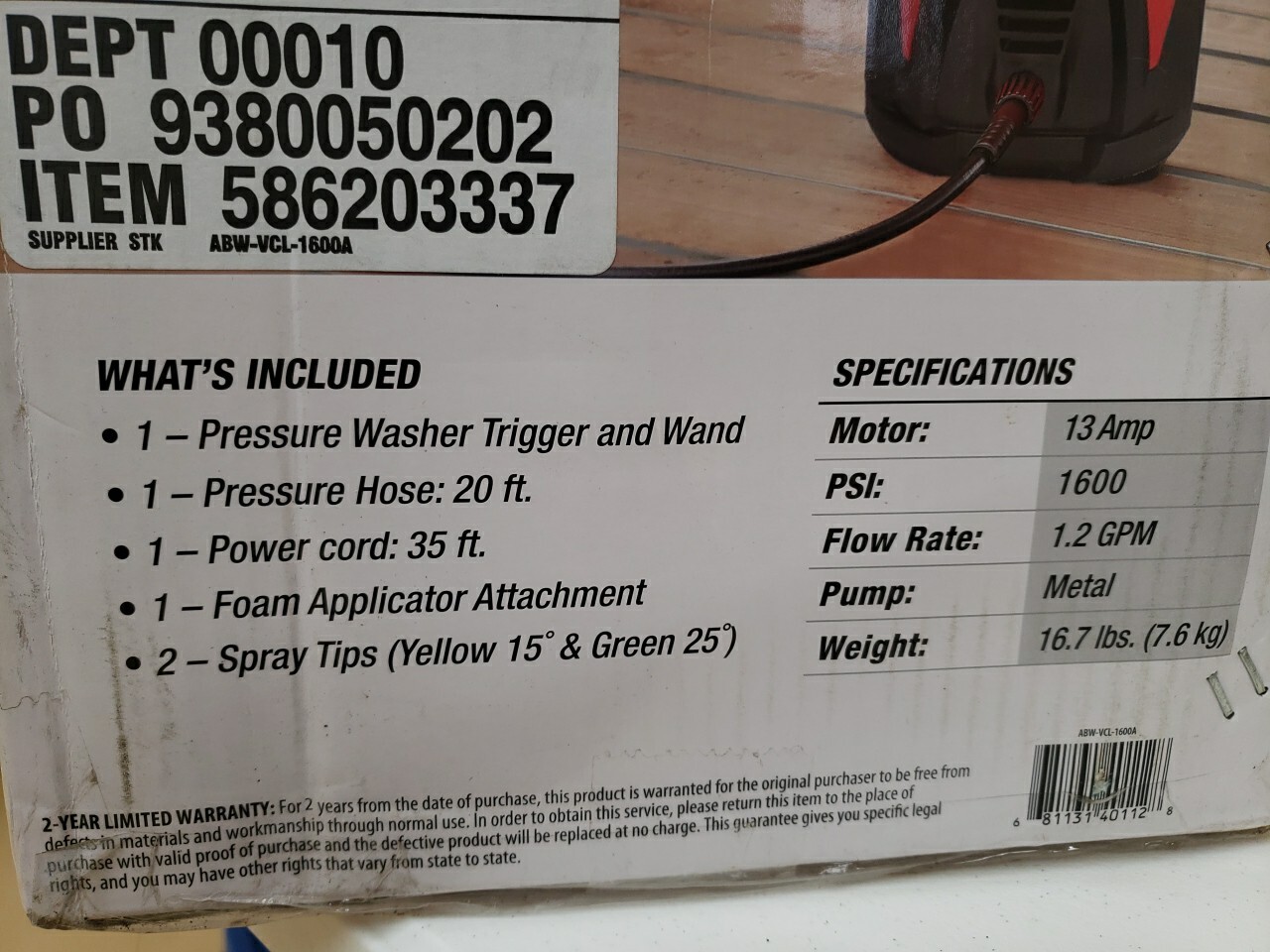 Hyper Tough Electric Pressure Washer 1600PSI ABW-VCL-1600A (M24)
