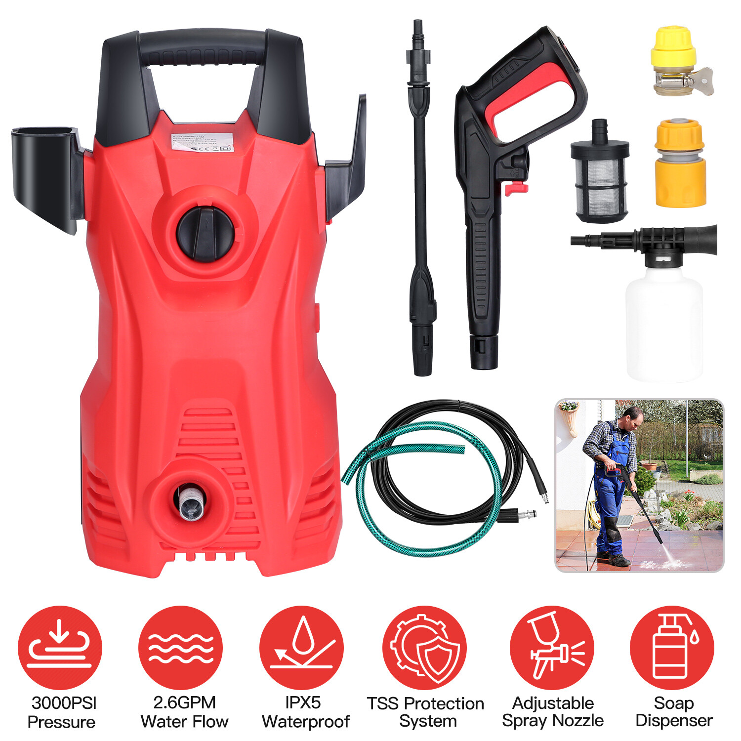 3000PSI 2.6GPM High Pressure Washer Adjustable Spray Nozzle Extended Hose 1400W