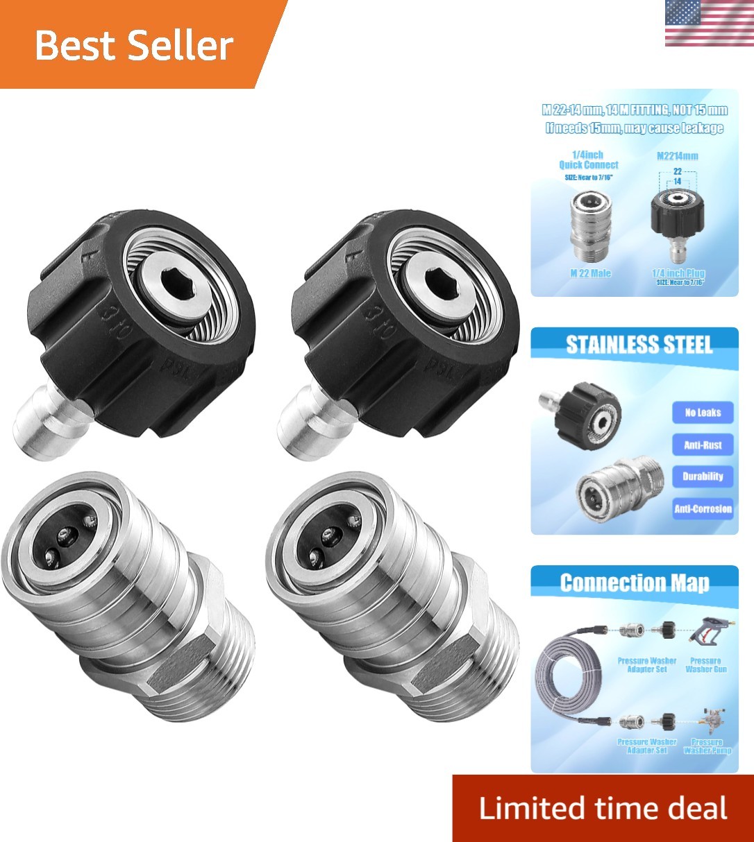 Upgrade Your Pressure Washer: M22 to 1/4” Stainless Steel Adapter Set, 4 Pcs