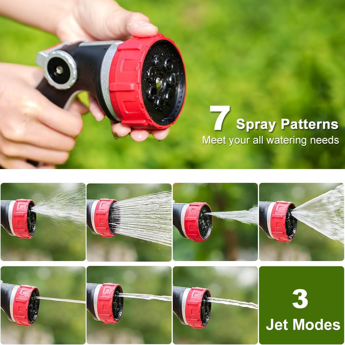 100% Metal Garden Hose Nozzle, 3 Adjustable Jet Modes, 7 Patterns