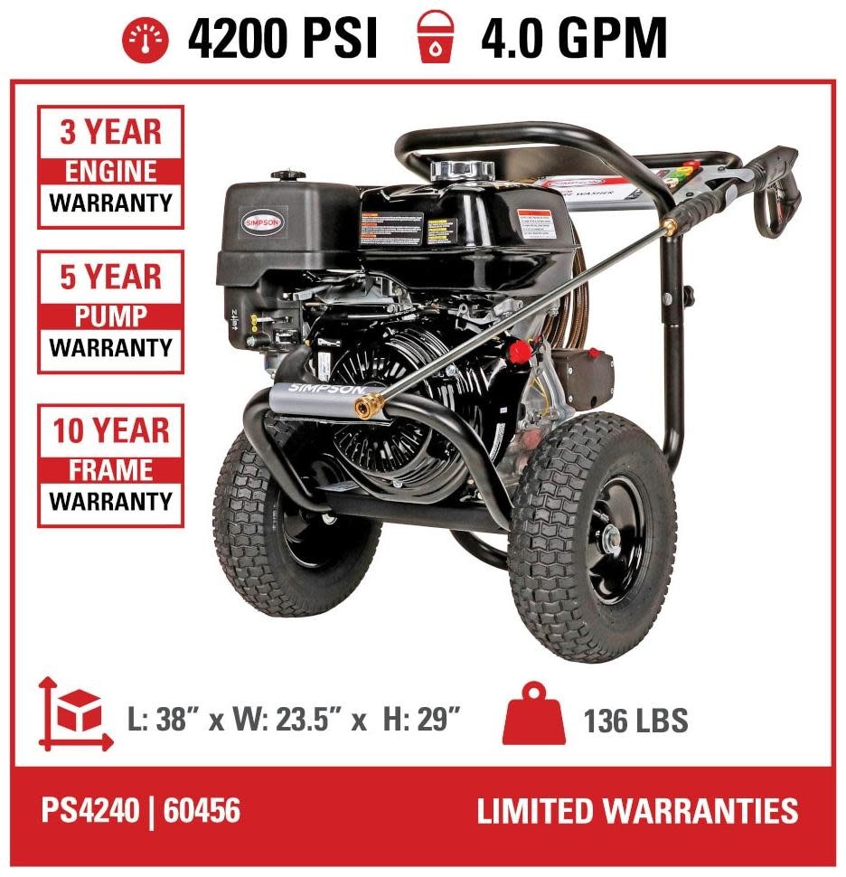 Simpson 60456 4200 PSI 4 GPM Gas Powered Cold Water Pressure