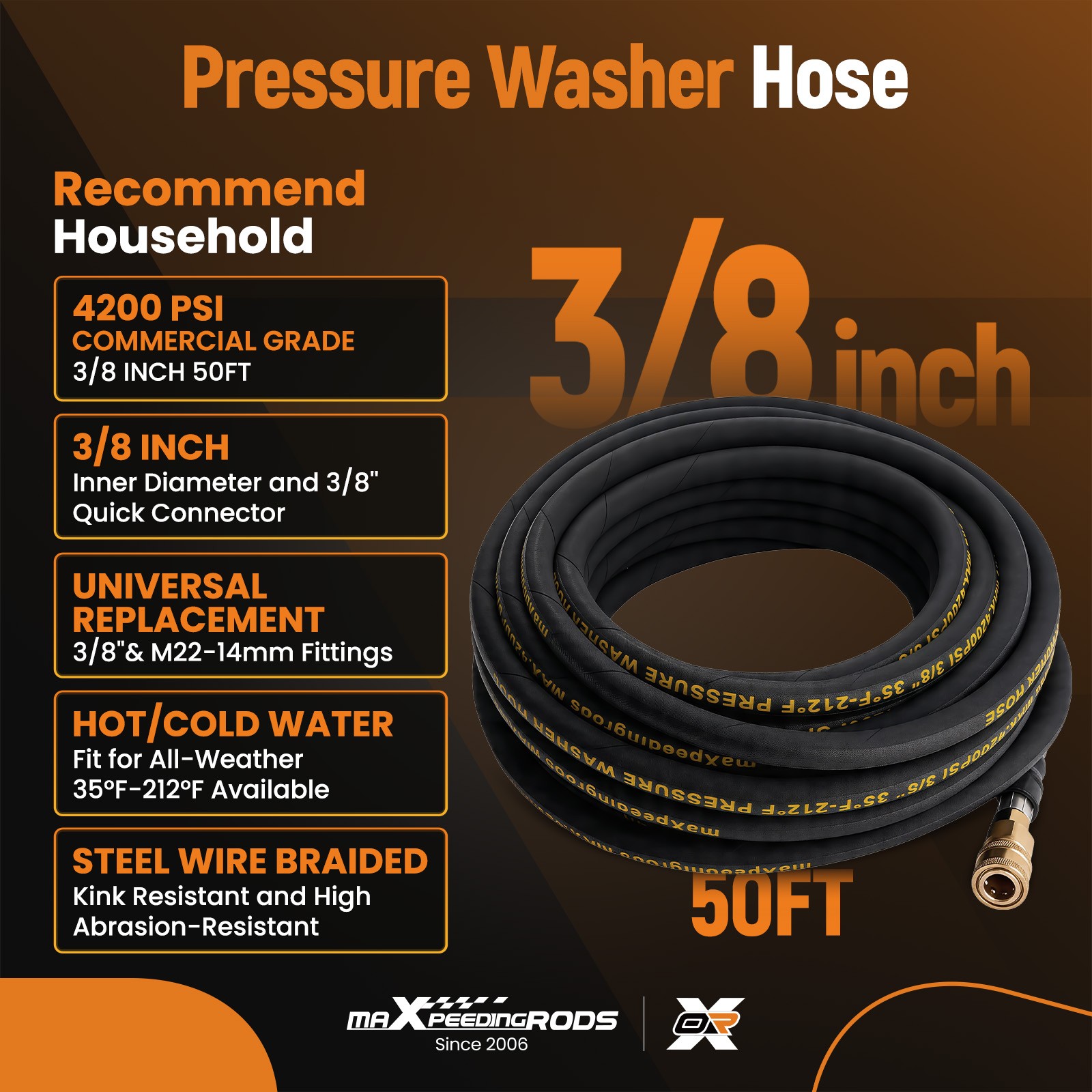 50 Ft 3/8″ Pressure Washer Hose 4200PSI Steel Wire Braid w/ M22 to 3/8″ Coupler