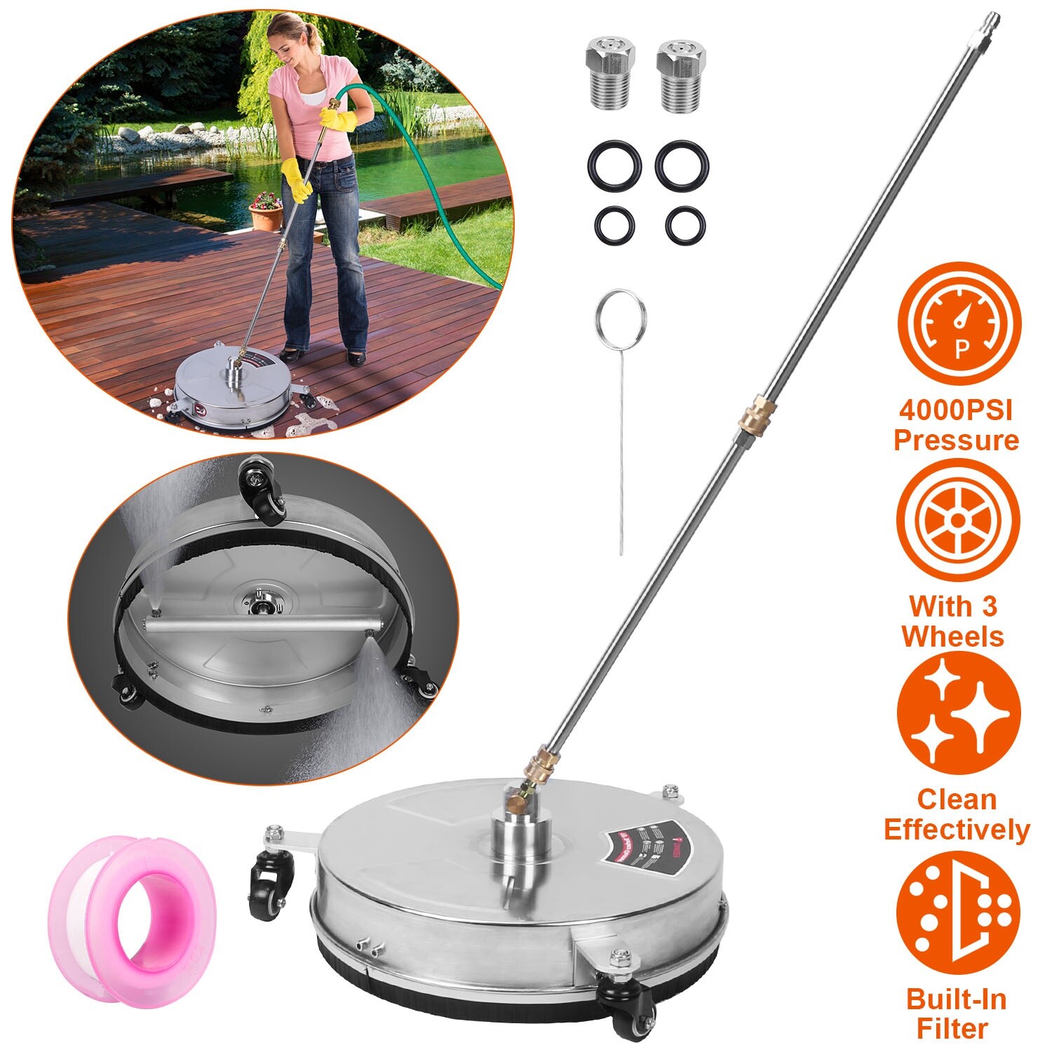 15″ Pressure Washer Surface Cleaner Stainless Steel Disc Power Washer 4000PSI