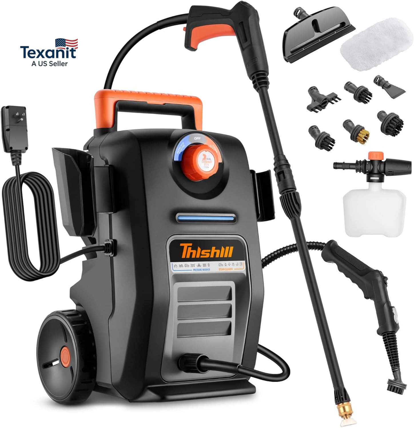 2 in 1 Pressure Washer & Steam Cleaner, 2GPM 3000PSI with High Pressure Cleaner,