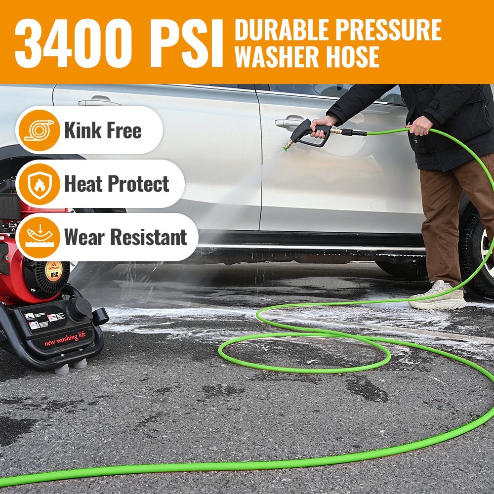 YAMATIC 3400 psi Flexible Pressure Washer Hose 1/4″ PVC Anti-Kink, Leak Free