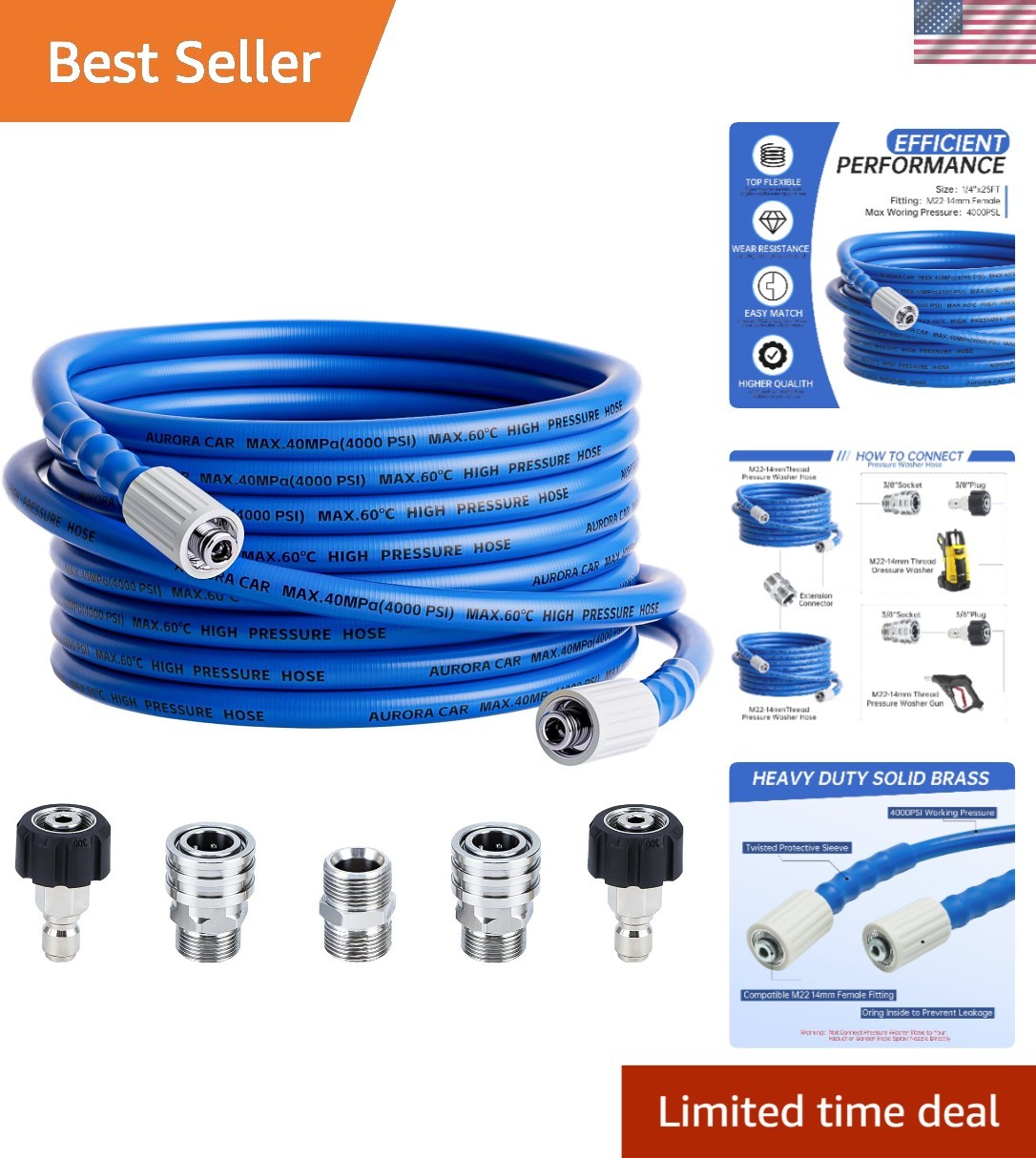 Versatile 25FT Power Washer Hose, Kink Resistant, Fits Most Brands, 4000 PSI