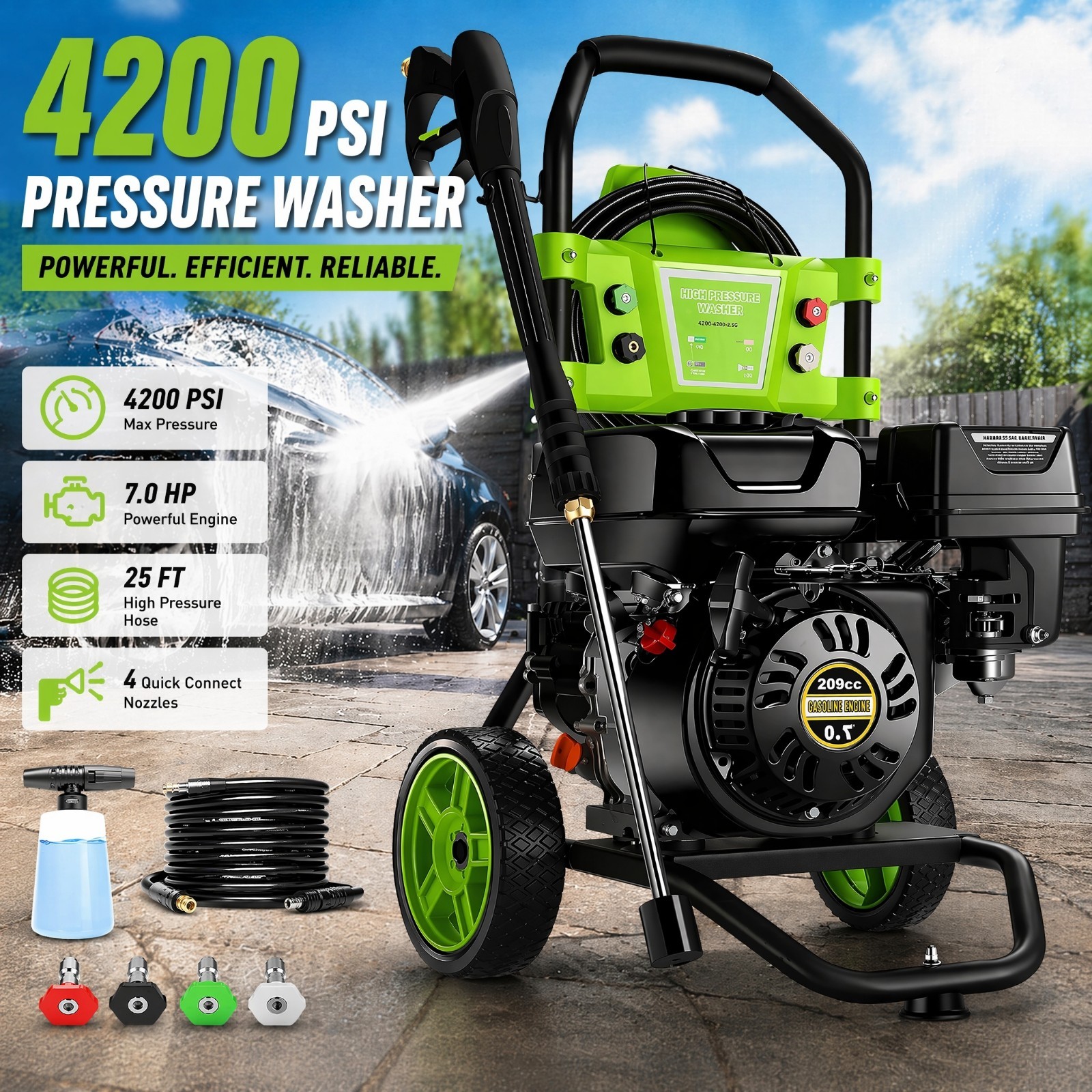 Pressure Washer 4200 PSI 4.0 GPM Gas Powered Pressure Cleaner with Hose & 4 Nozz