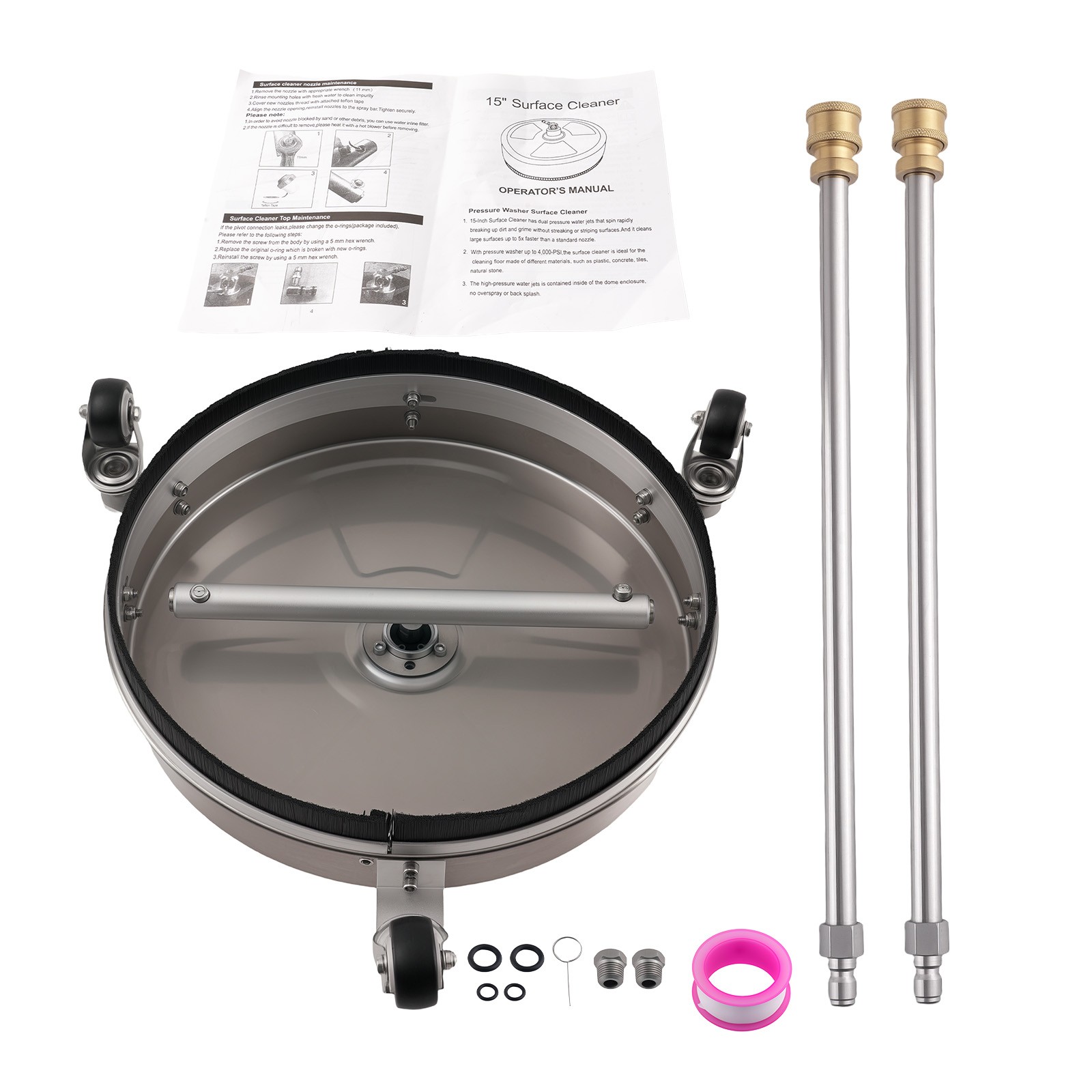 15 Inch Pressure Washer Surface Cleaner 4200PSI with 2 Extension Wands 3 Wheels