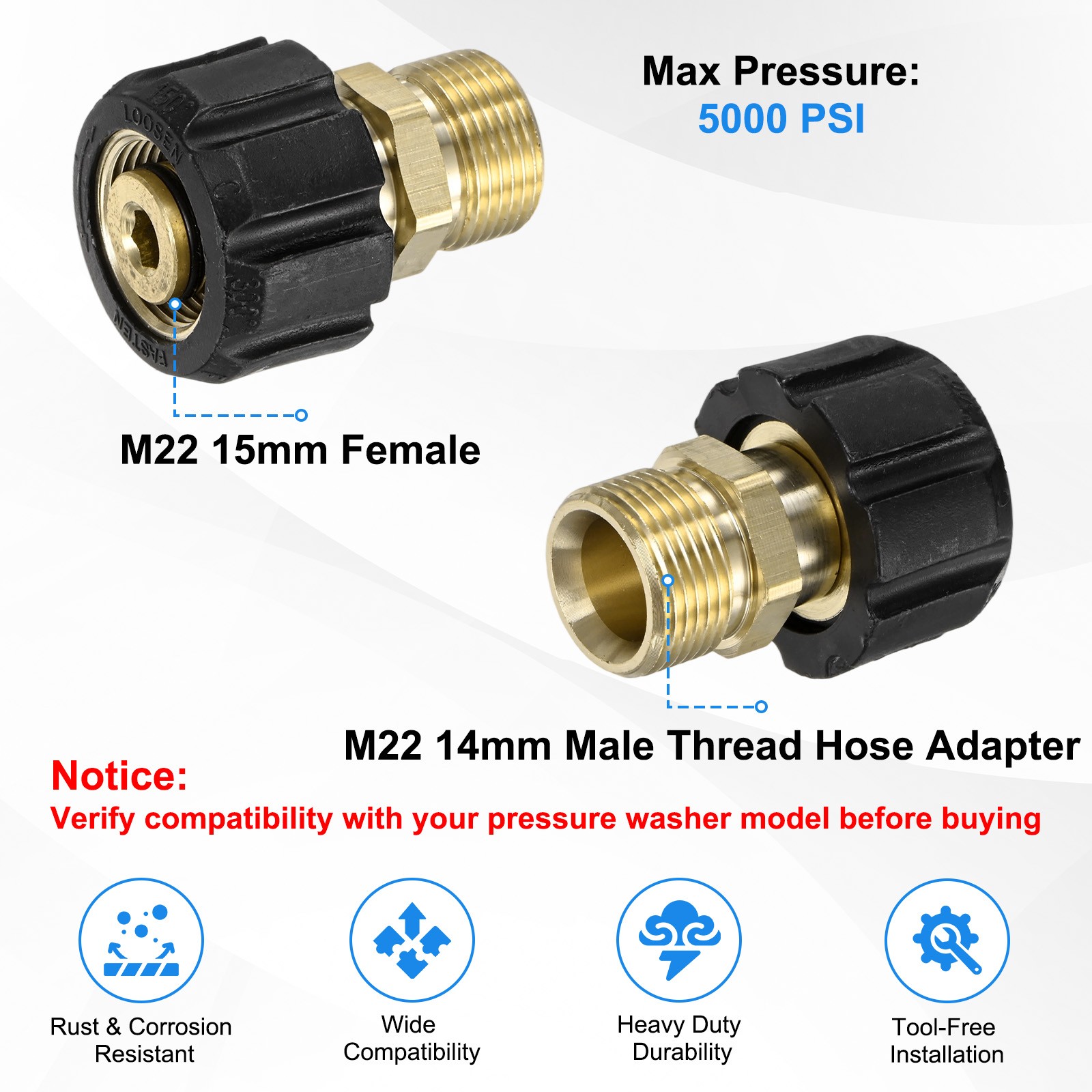 1-Pack M22 15mm Female to M22 14mm Male Thread Pressure Washer Fittings