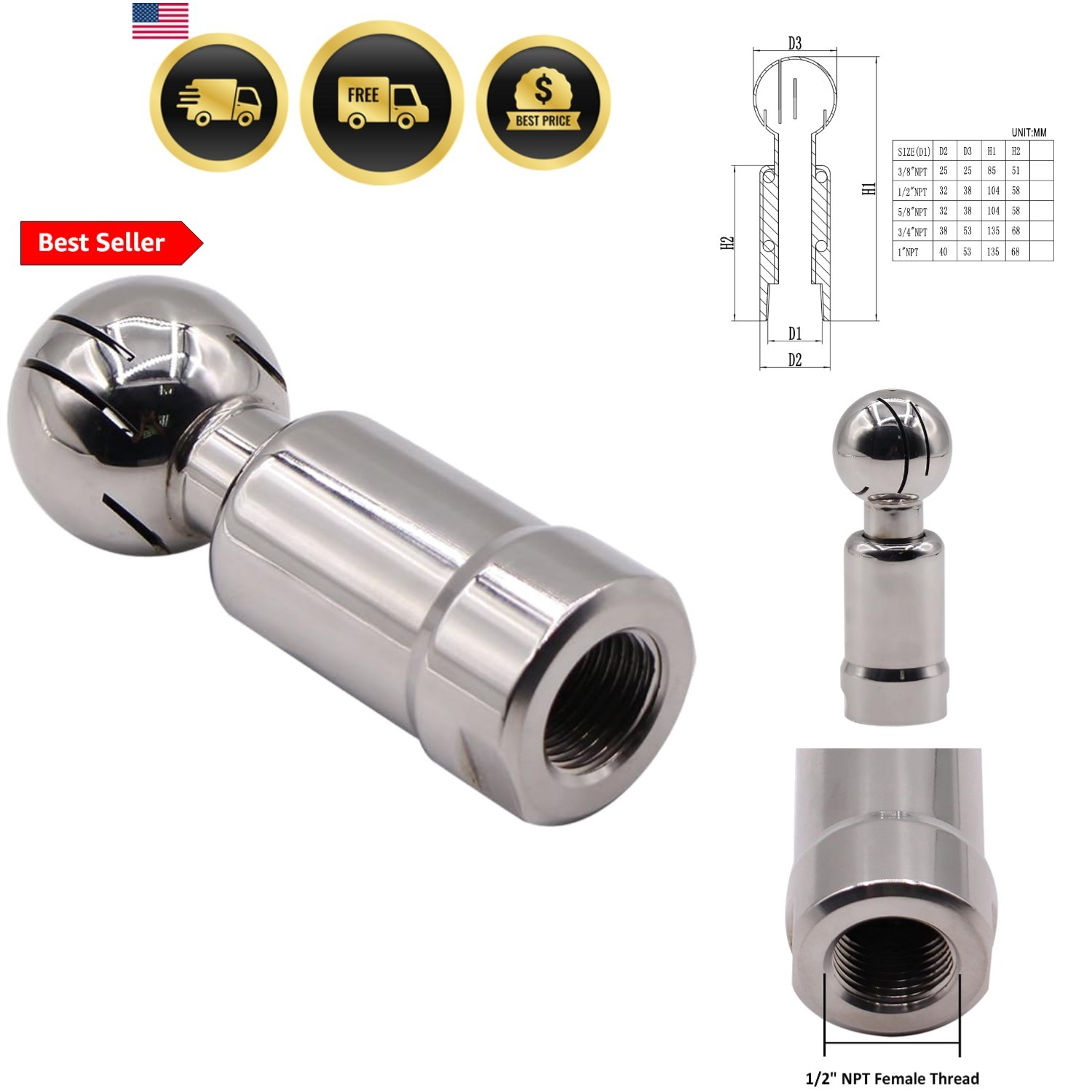 Rotary Spray Ball NPT Female CIP Tank Cleaning Ball 360° Spray Pattern, Stain…