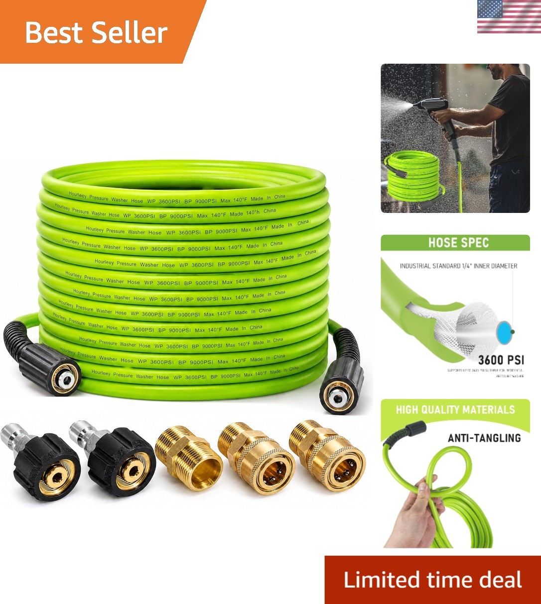 Versatile 1/4″ Quick Connect 50 FT Pressure Washer Hose, 3600 PSI & Adapters