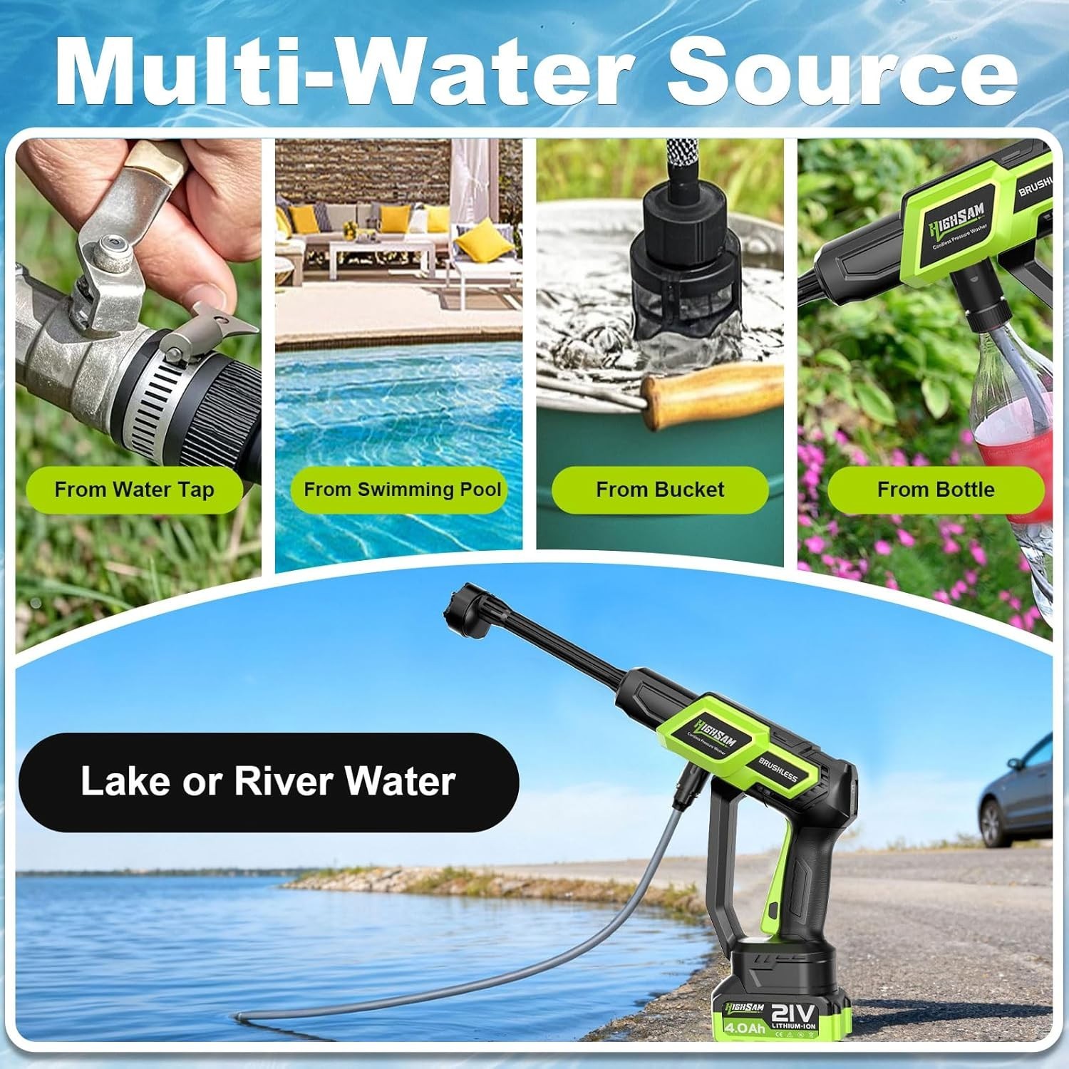 Cordless Car Washer Portable Electric Brushless Motor 16ft Hose 6-in-1