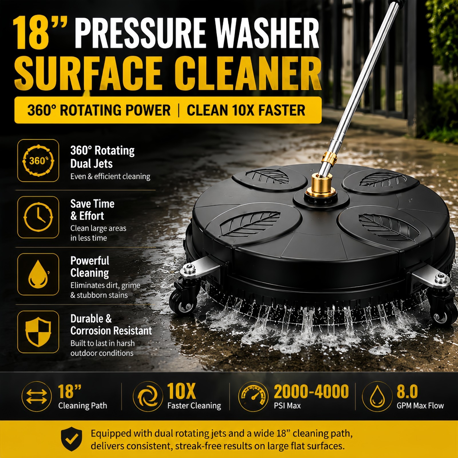 18″ Pressure Washer Surface Cleaner 4200PSI 8.0 GPM 120℉ Cleaning Attachment USA