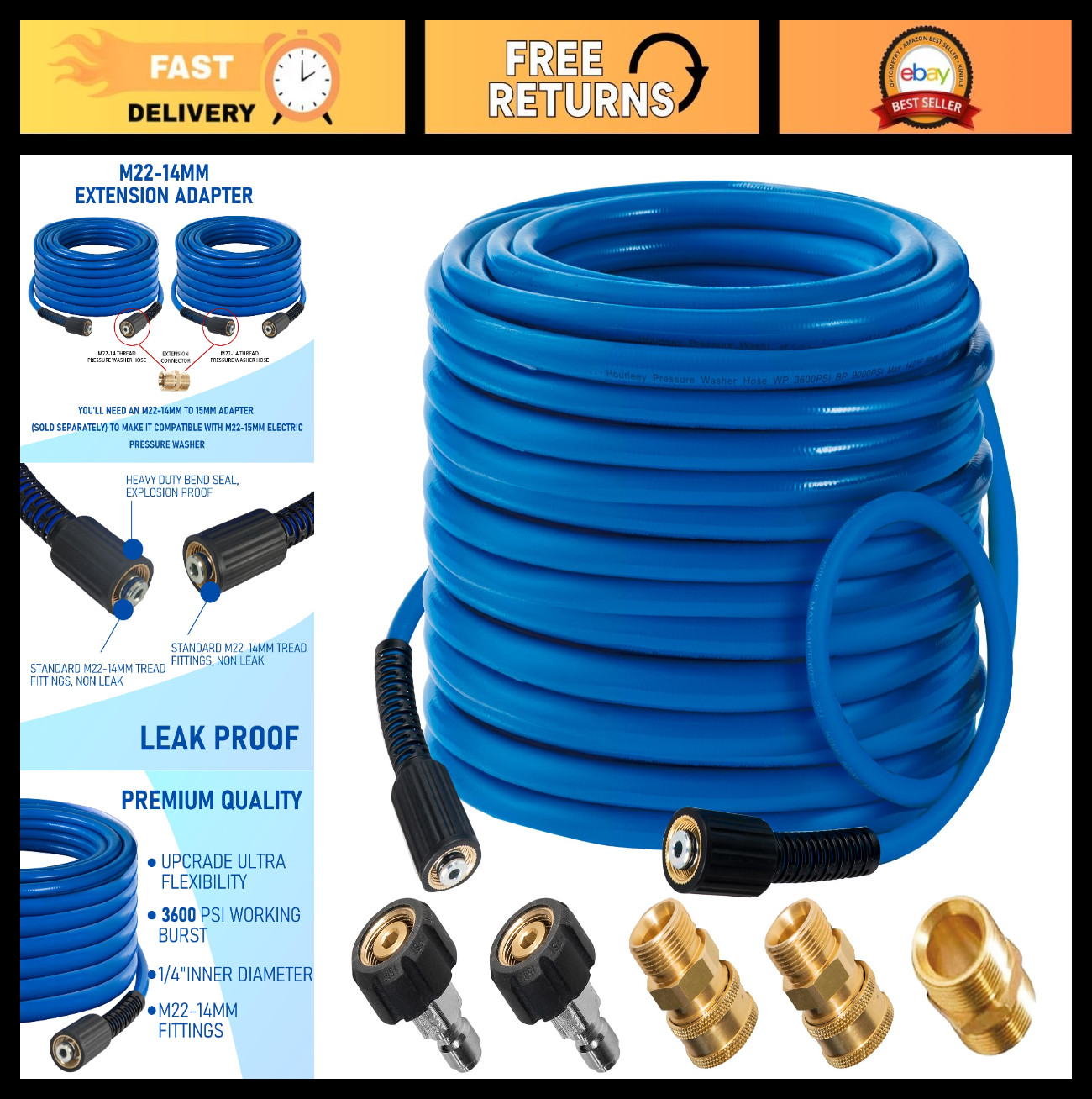 50FT Pressure Washer Hose 3600 PSI, Kink Resistant, Quick Connect Extension, M22
