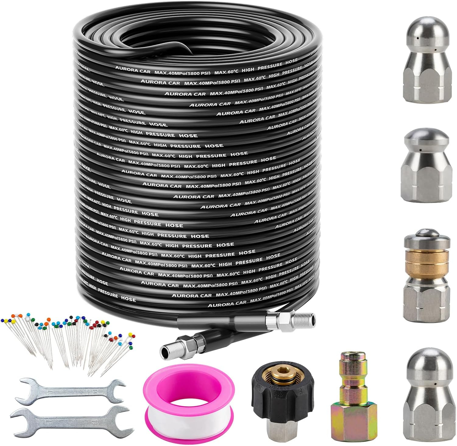 150FT Sewer Jetter Kit for Pressure Washer – 5800 PSI Drain Cleaning Nozzles