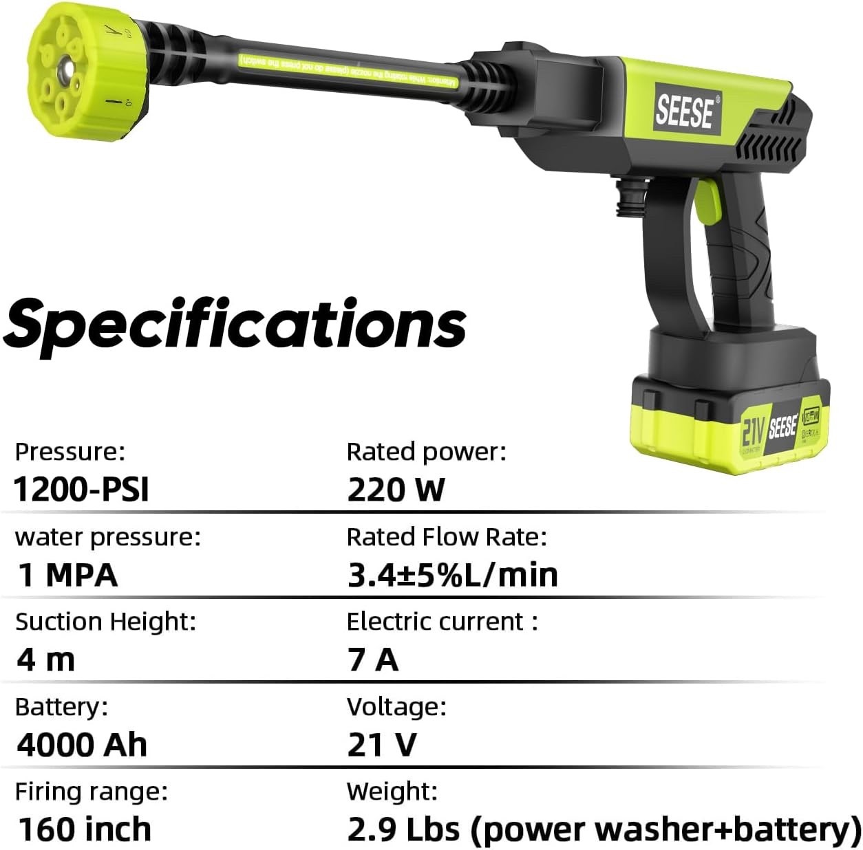 Cordless Pressure Washer Gun 126 PSI Portable Electric 6-in-1 Nozzle for Vehicle
