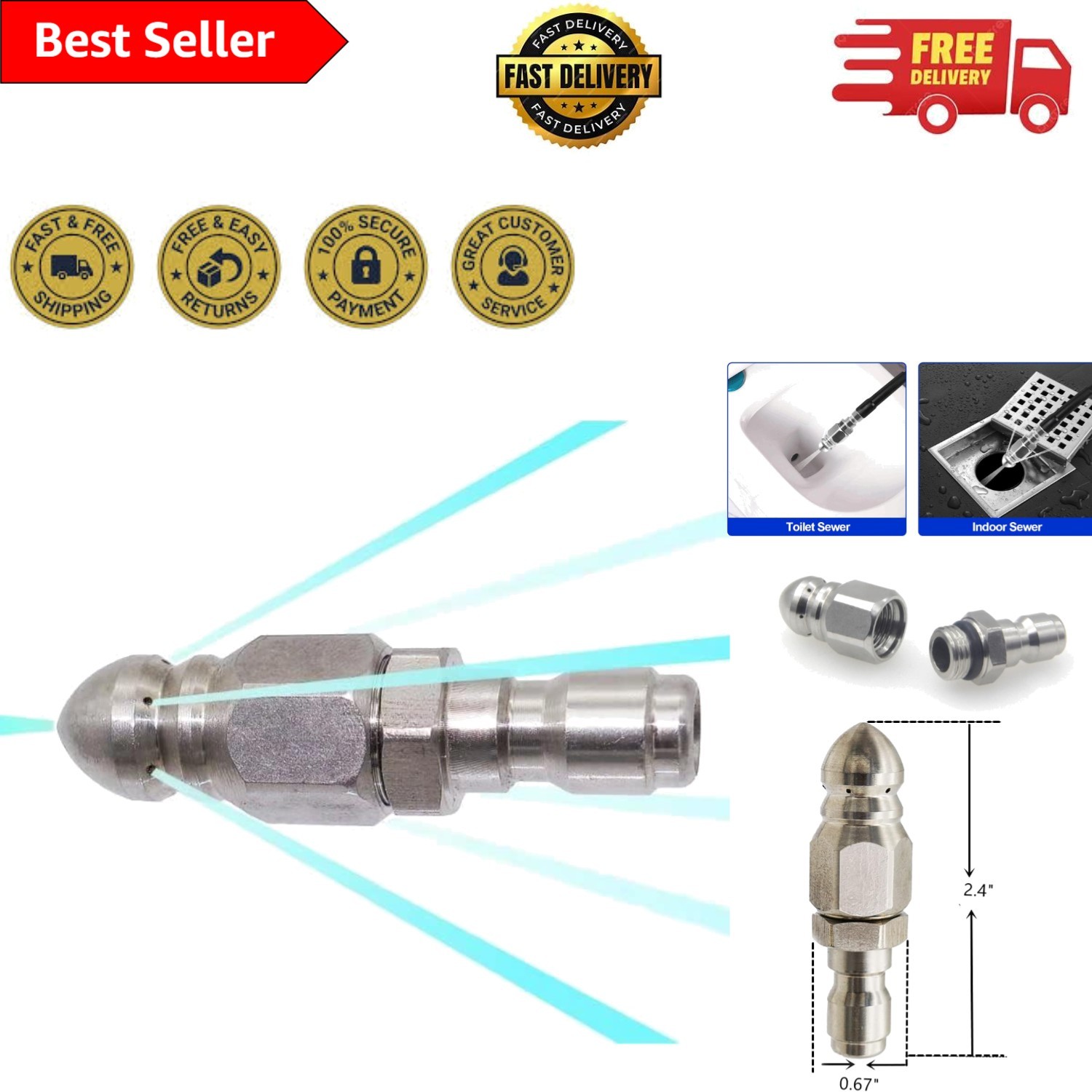 Stainless Steel Sewer Jetter Nozzle – Compact 5000 PSI Pressure Washer Tool