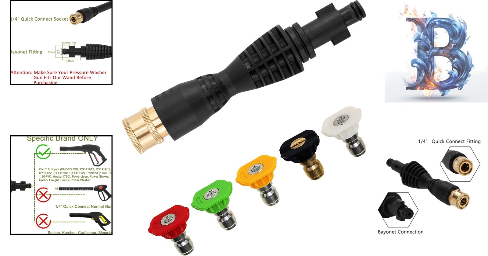 Lightweight PA66 Pressure Washer Adapter Kit – 5 Nozzles & Quick Connect Feature