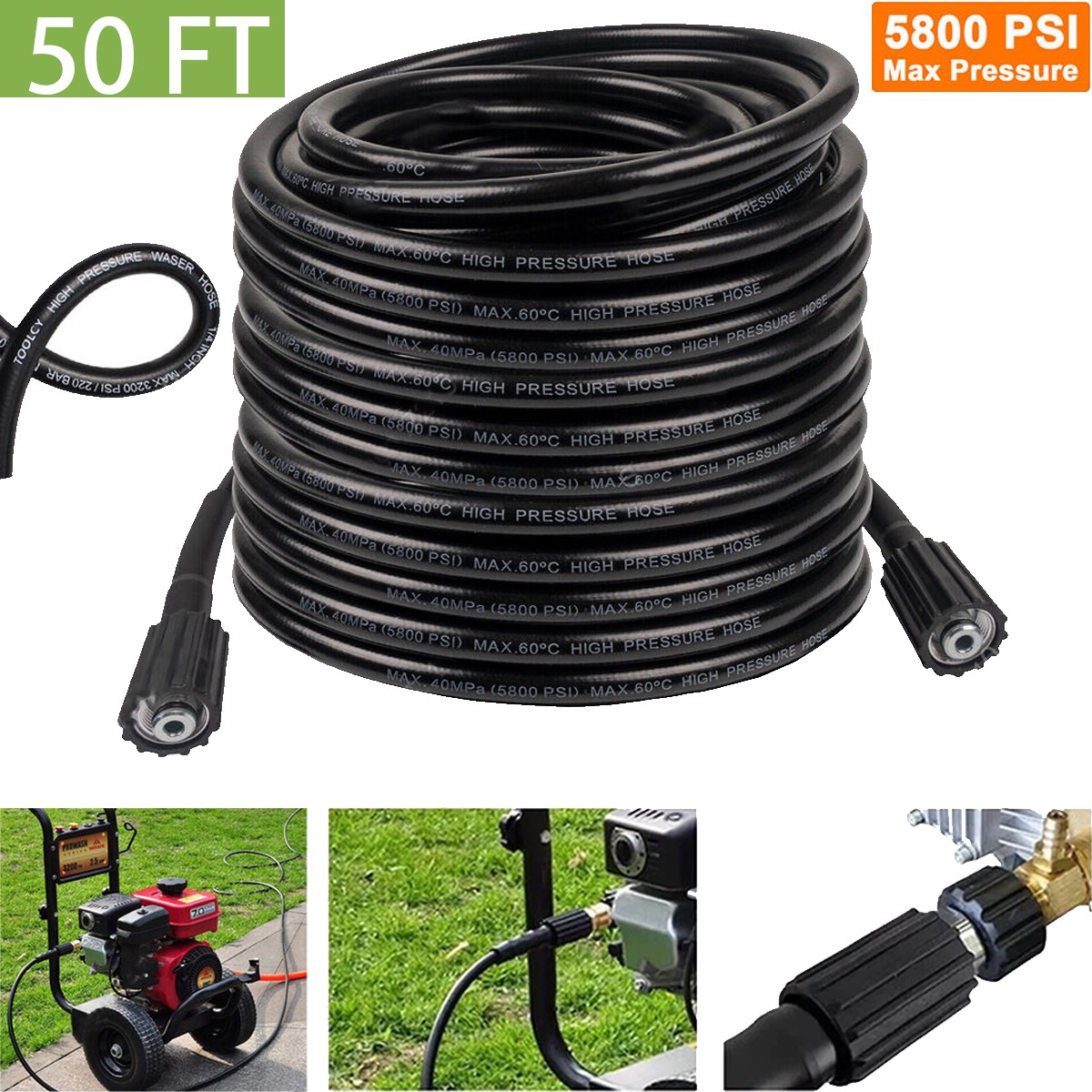 50/33/26ft High Pressure Washer Hose 5800PSI M22-14MM Power Washer Extension