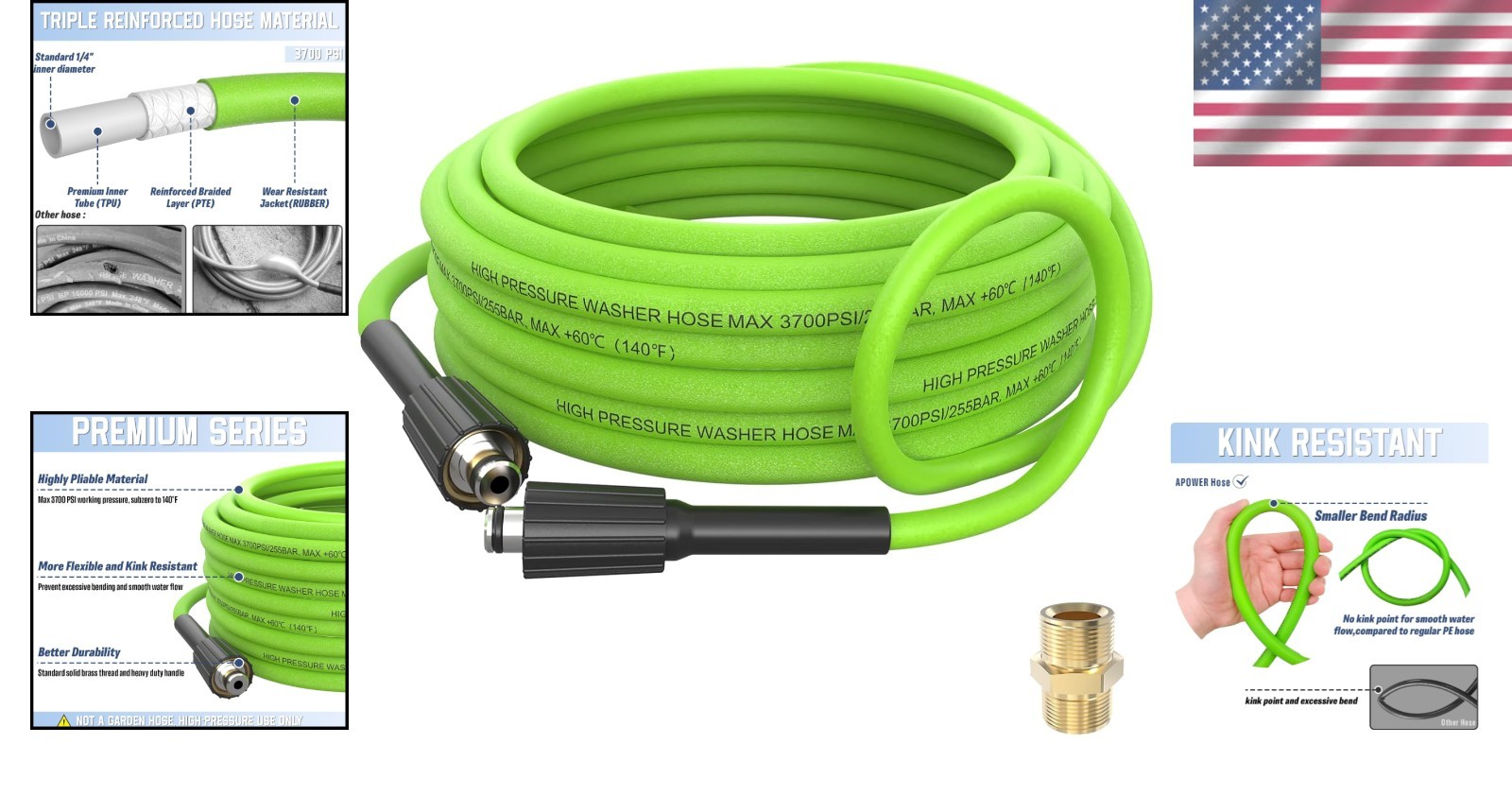 Super Flexible 25 FT Pressure Washer Hose, 3700 PSI with M22-14mm Brass Fittings