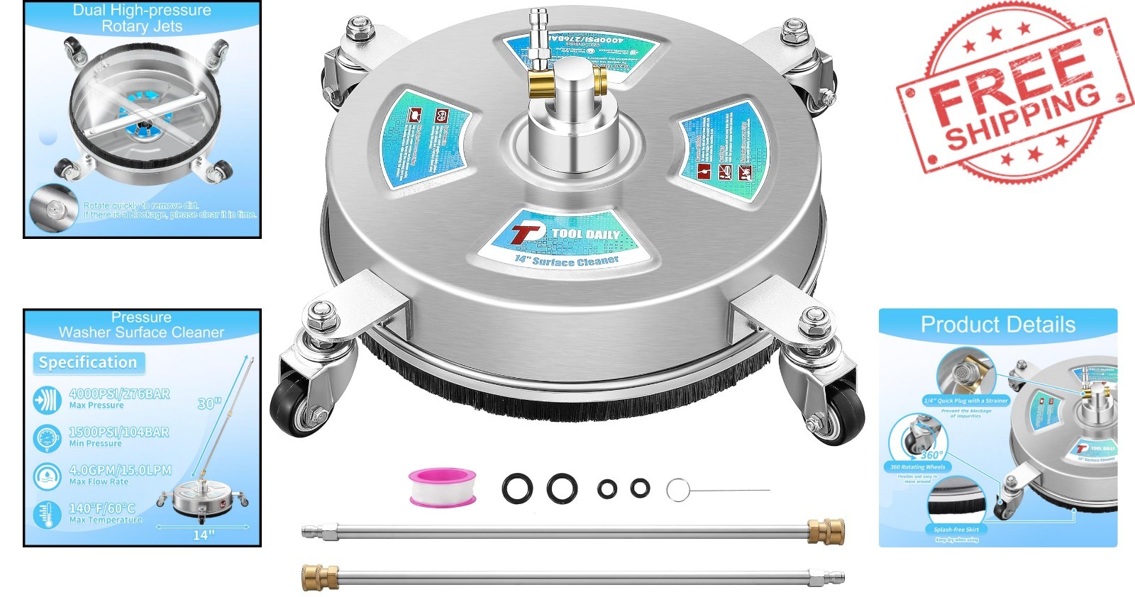Effortless 14” Stainless Steel Power Washer Cleaner – 4000 PSI Efficiency