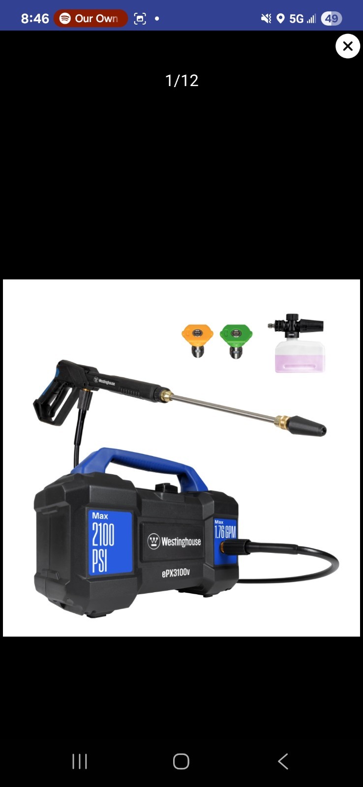 Westinghouse ePX3100v Electric Pressure Washer, 2100 Max PSI 1.76 Max GPM, Built
