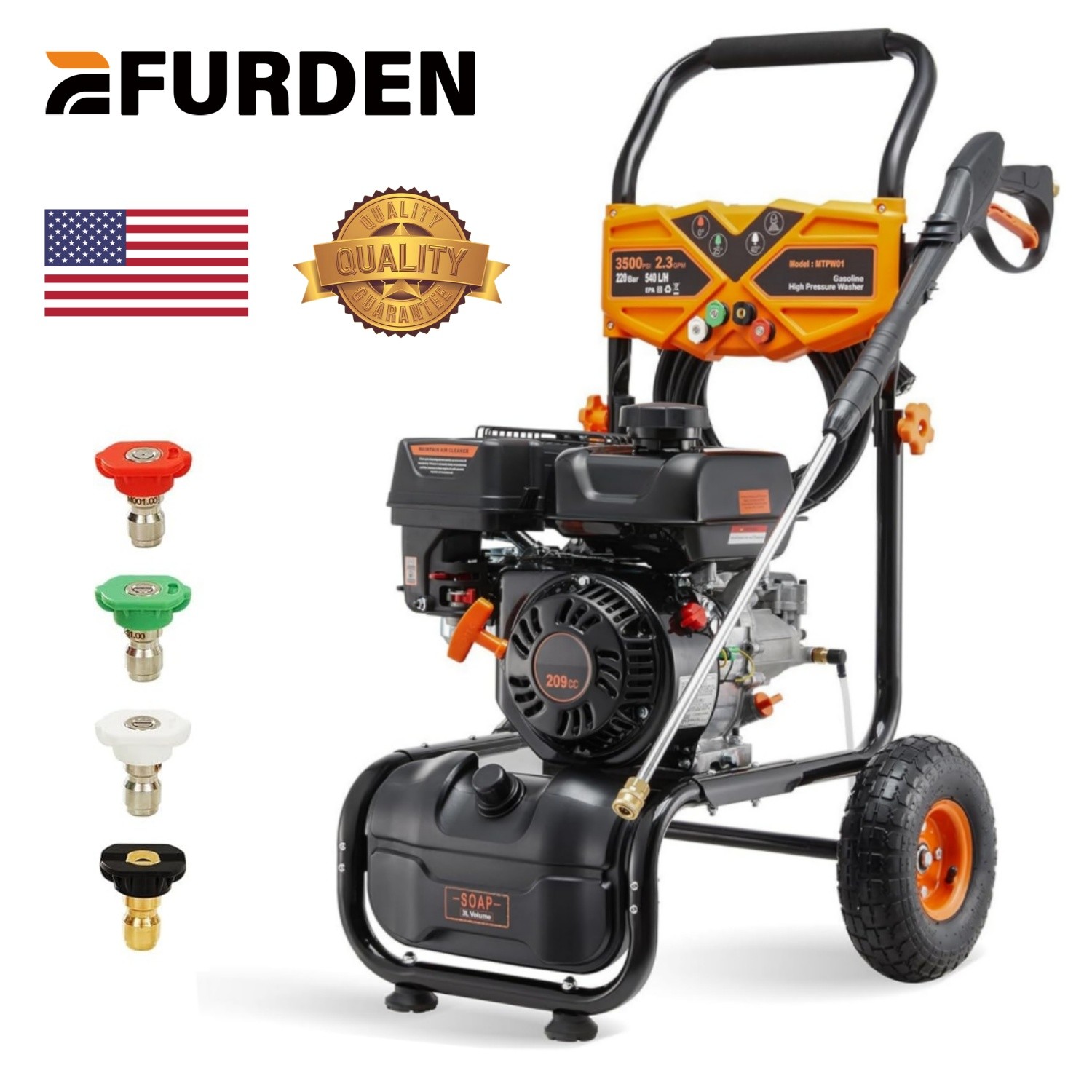 Efurden High Pressure Washer Gas Powered Washer 3500 PSI 2.3 GPM 209cc 4 Nozzles