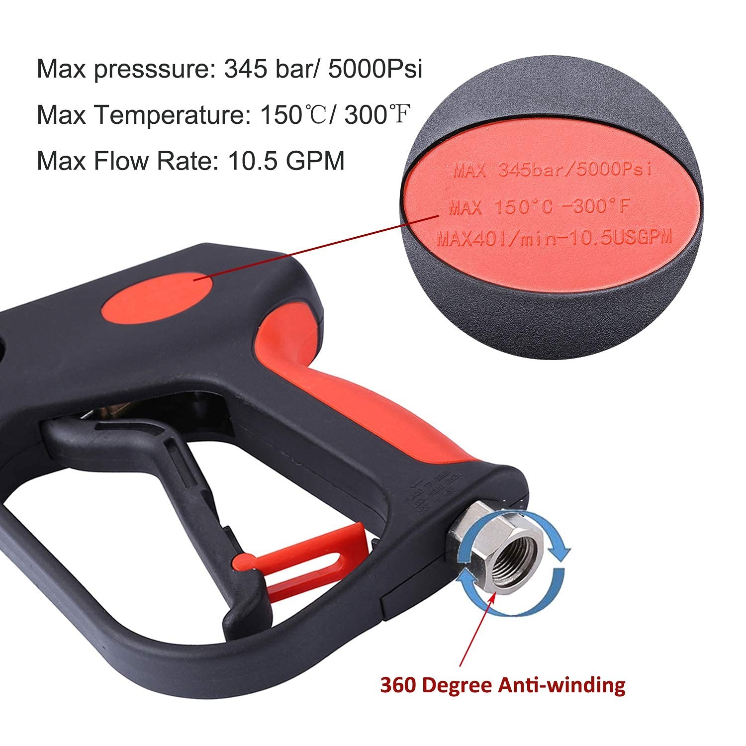 Pressure Washer Short Gun, Commercial 5000 PSI / 10.5 GPM, Swivel Inlet, 3/8 Inc