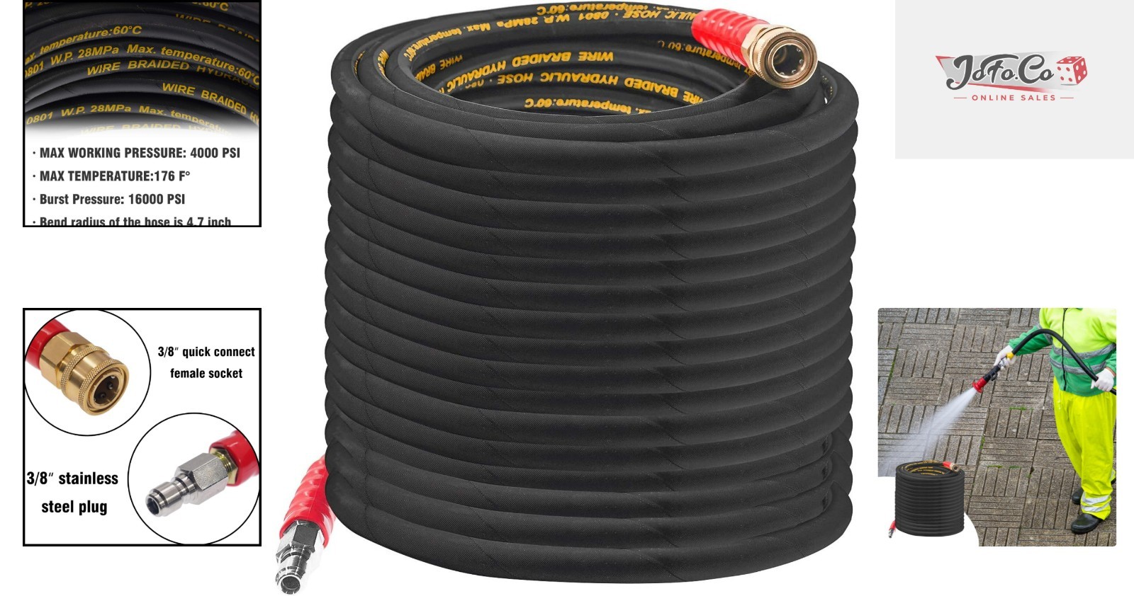 Versatile 50FT Power Washer Hose – 3/8 Quick Connect, Ideal for Home & Business